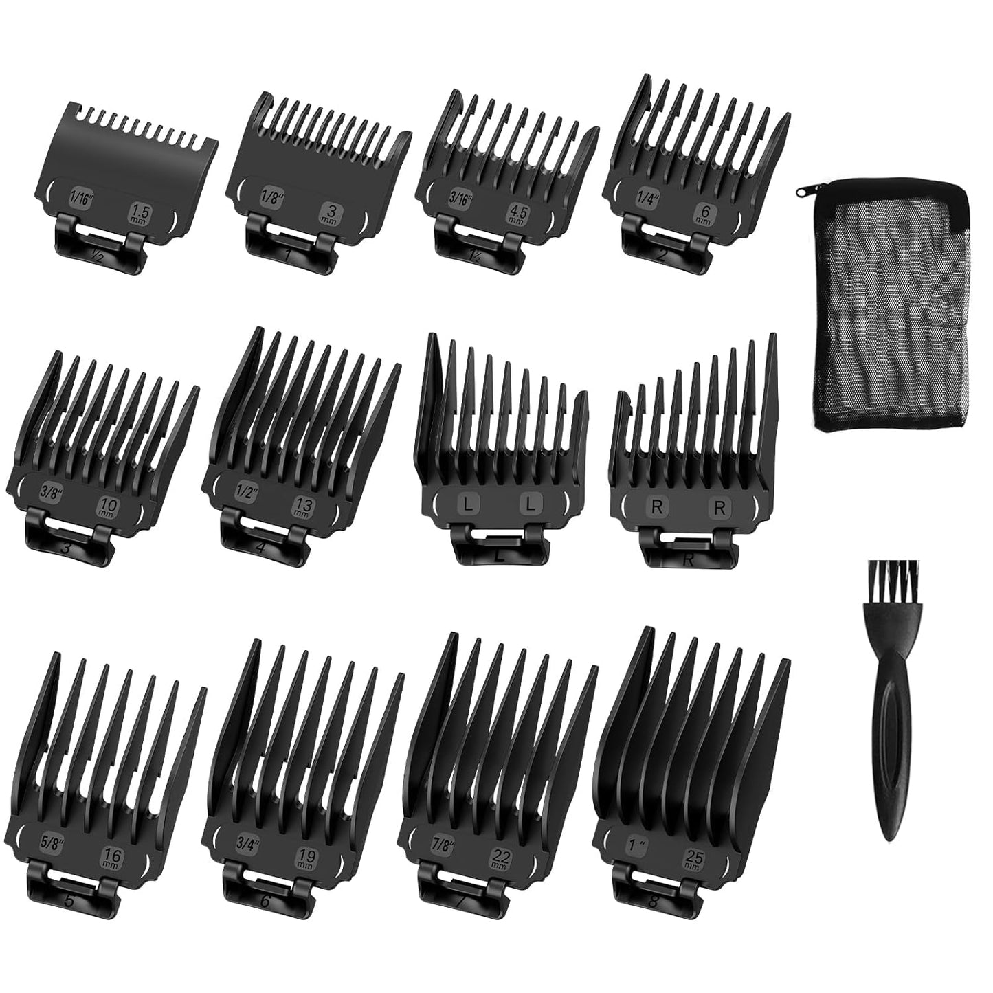 Wahl Clipper Guards Set - 12 Pack Replacement Guide Combs | 1/16" to 1" Taper Attachments, Black