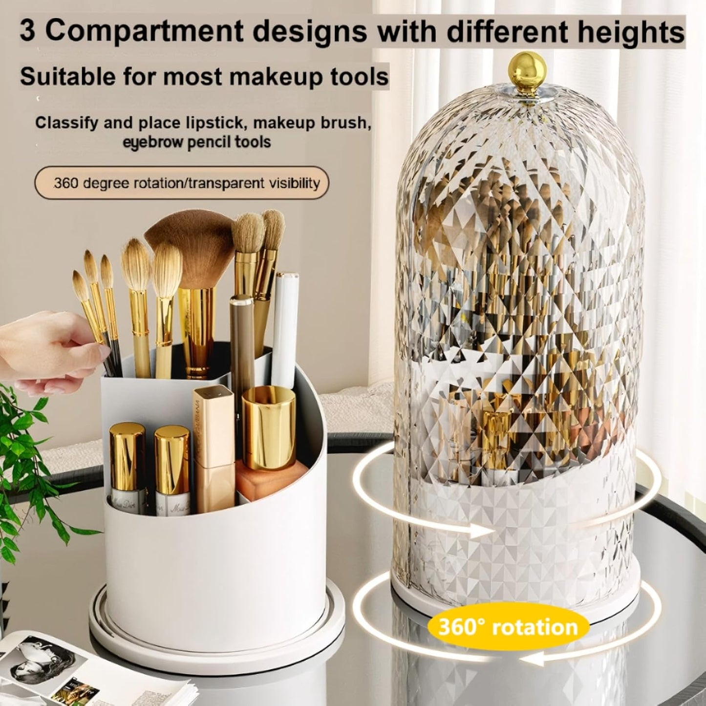 Makeup Brush Holder - 360° Rotating Waterproof Storage Box | Diamond Pattern, White