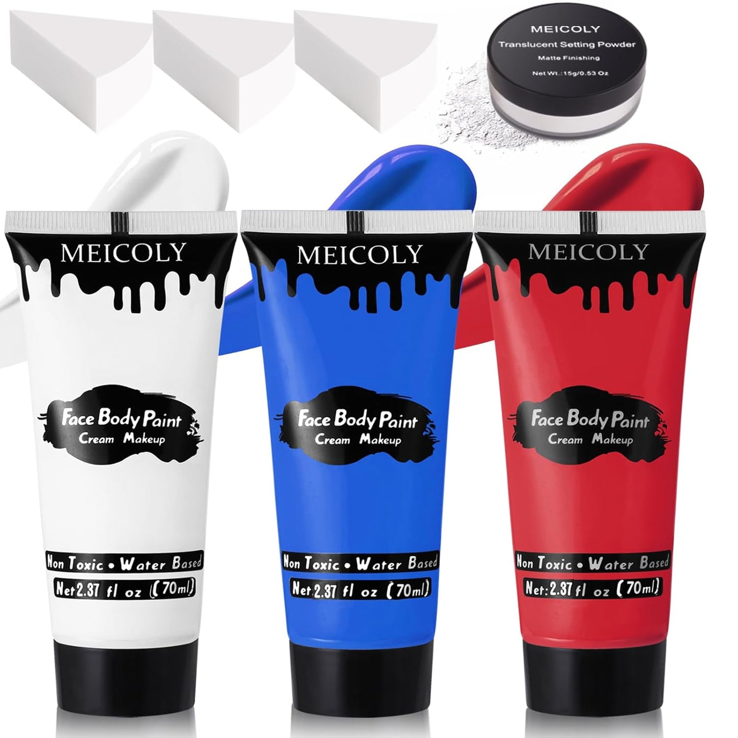 Patriotic Red White Blue Face & Body Paint Set - Water-Based Makeup with Setting Powder & Sponges | Perfect for Halloween & 4th of July Celebrations