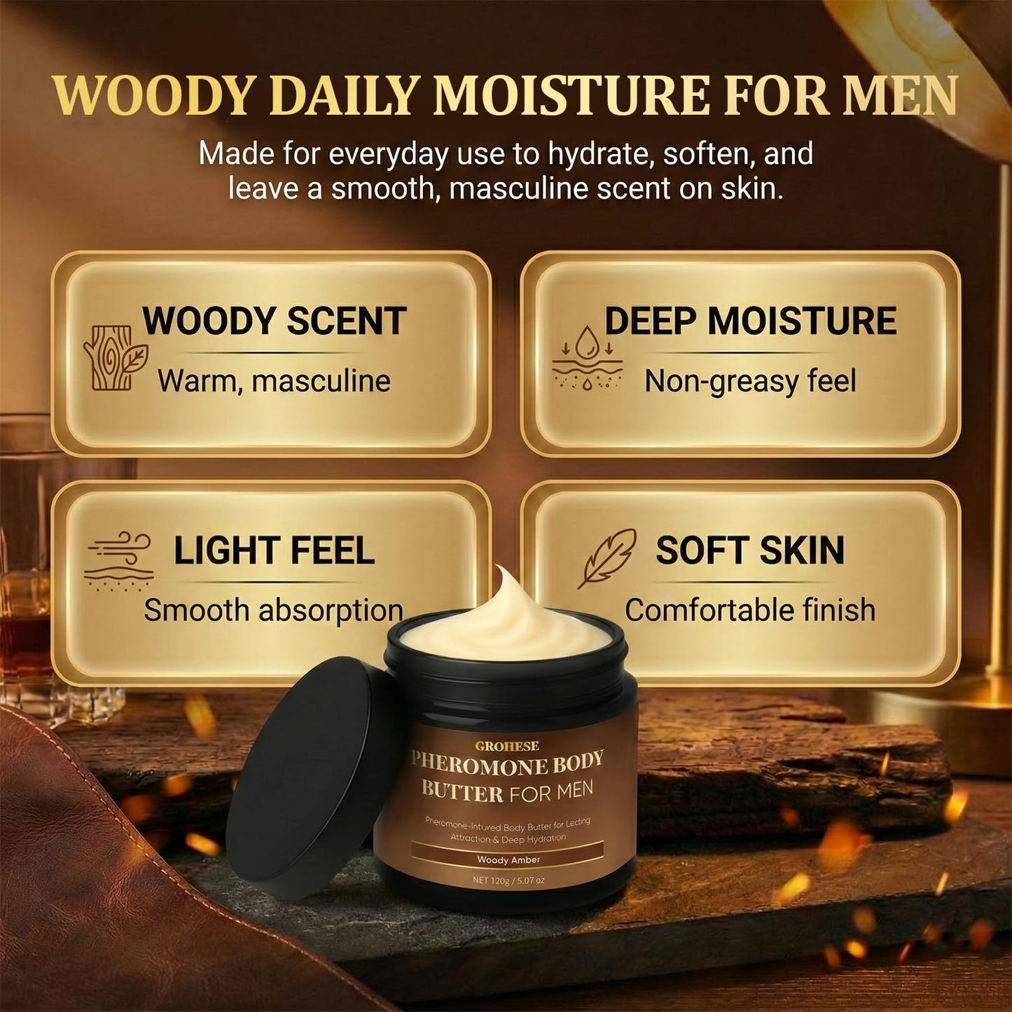 Baracca Pheromone Body Butter for Men - Woody Amber Skin Cream with Shea & Cocoa Butter | 8 oz