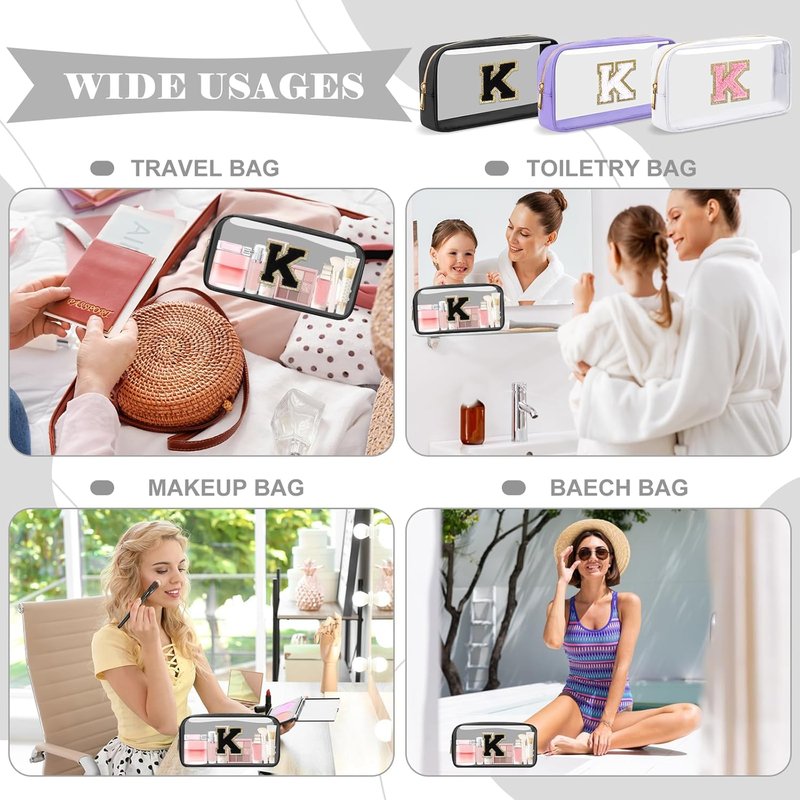 Personalized Initial Letter Clear Makeup Bag - Preppy Nylon & PVC Cosmetic Zipper Bag | Travel Toiletry Organizer for Teens & Women, Monogrammed Gift