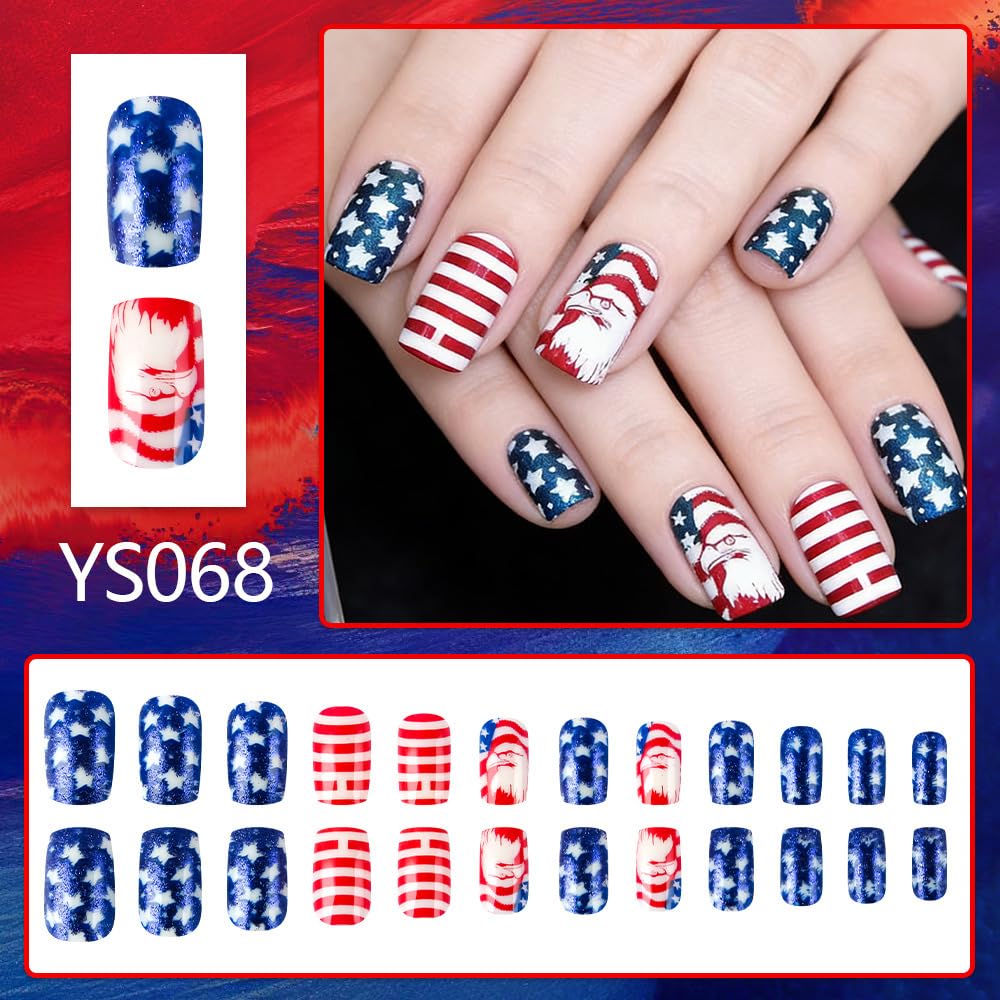 24Pcs 4th of July Press on Nails Medium Square Fake Nails with Star | Eagle Designs Patriotic Glossy False Nail Fourth of July Nails - 4th of July Nails for Women Girls