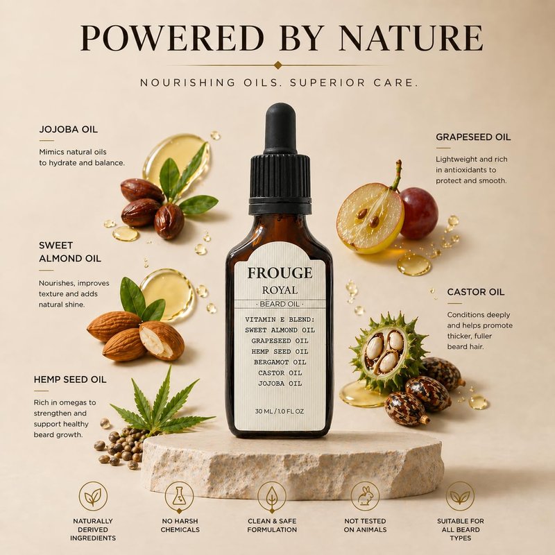Frouge Beard Oil for Men Growth – Luxury Scented Beard Growth Oil with Argan Oil, Jojoba & Almond Oils – Lightweight Non-Greasy Beard Oil, Softens & Strengthens Beard – 30ml