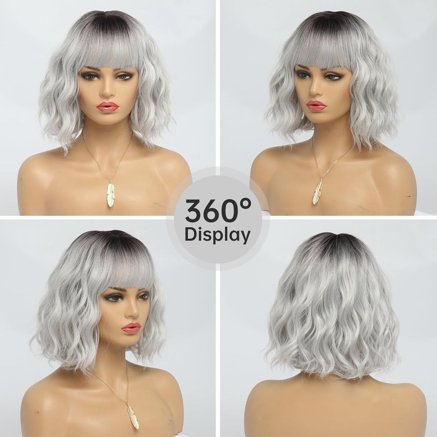 Ombre Grey Wavy Bob Wig for Women - Short Synthetic Hair with Bangs | 14 Inches, Dark Roots