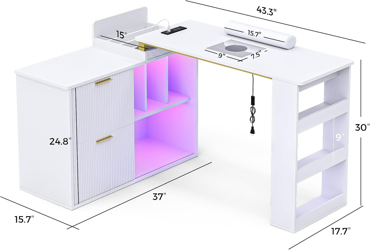 L-Shaped Manicure Table with LED Light - Adjustable Nail Tech Station with Dust Collector & Power Outlets | White