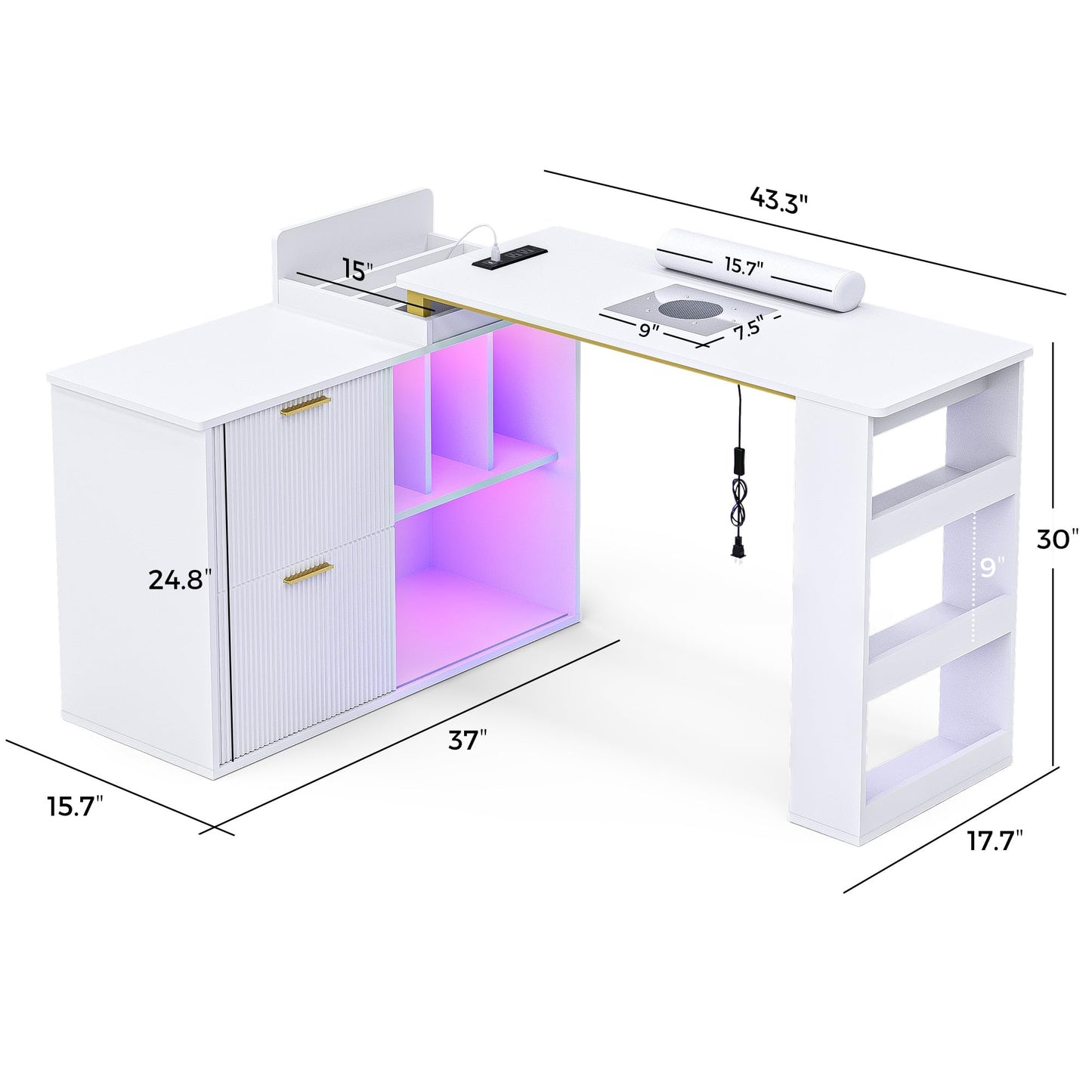 Manicure Table with LED Light, L-Shaped Nail Tech Table w/ Dust Collector & Power Outlets, Corner Nail Station Length Adjustable Nail Desk w/ Sliding Cabinet Door for Home Spa Beauty Salon, White
