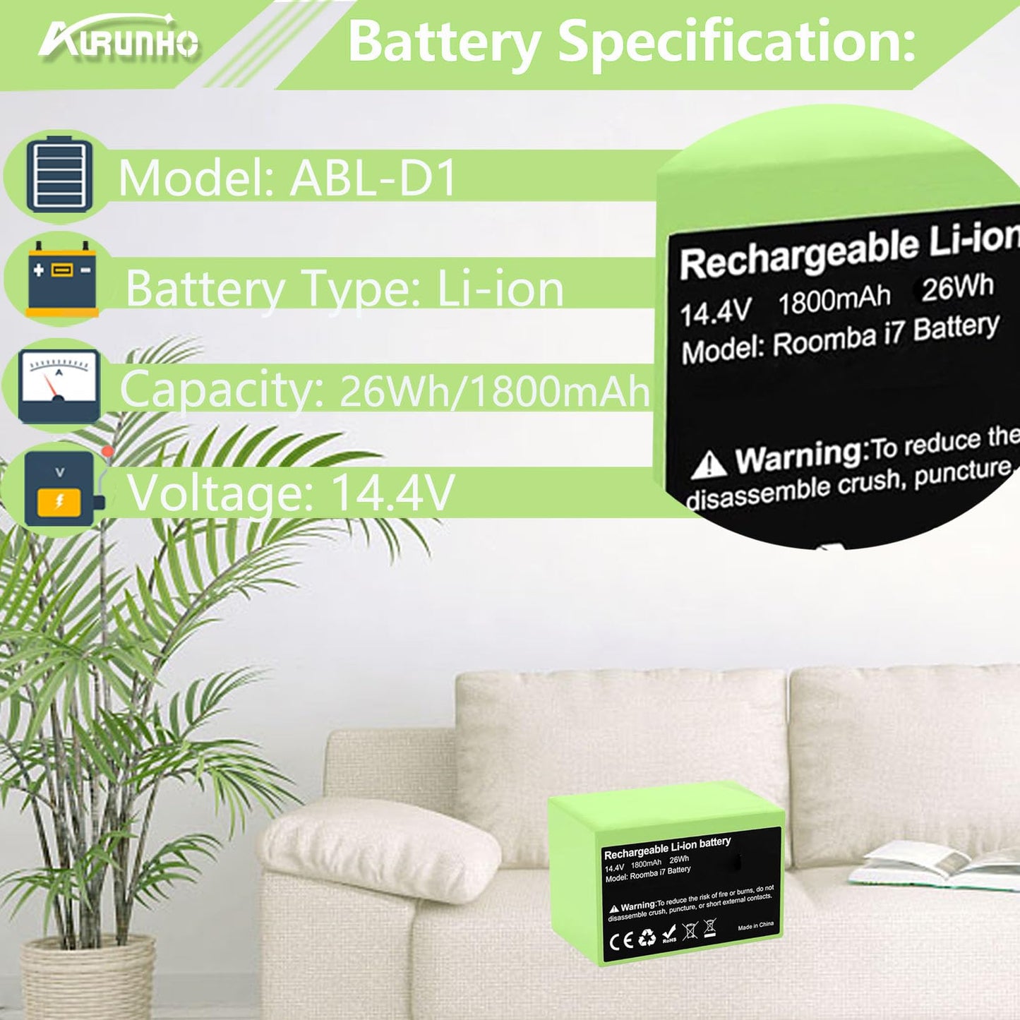AURUNHO for Roomba Replacement Battery ABL-D1 Compatible with Roomba i and e Series i3 i4 i7 i8 3150 i3+ 3550 4150 i4+ 4552 i6 i7158 i7+ j7 7150 7550 i8+ e5 e6 e5150 e5152 e6198