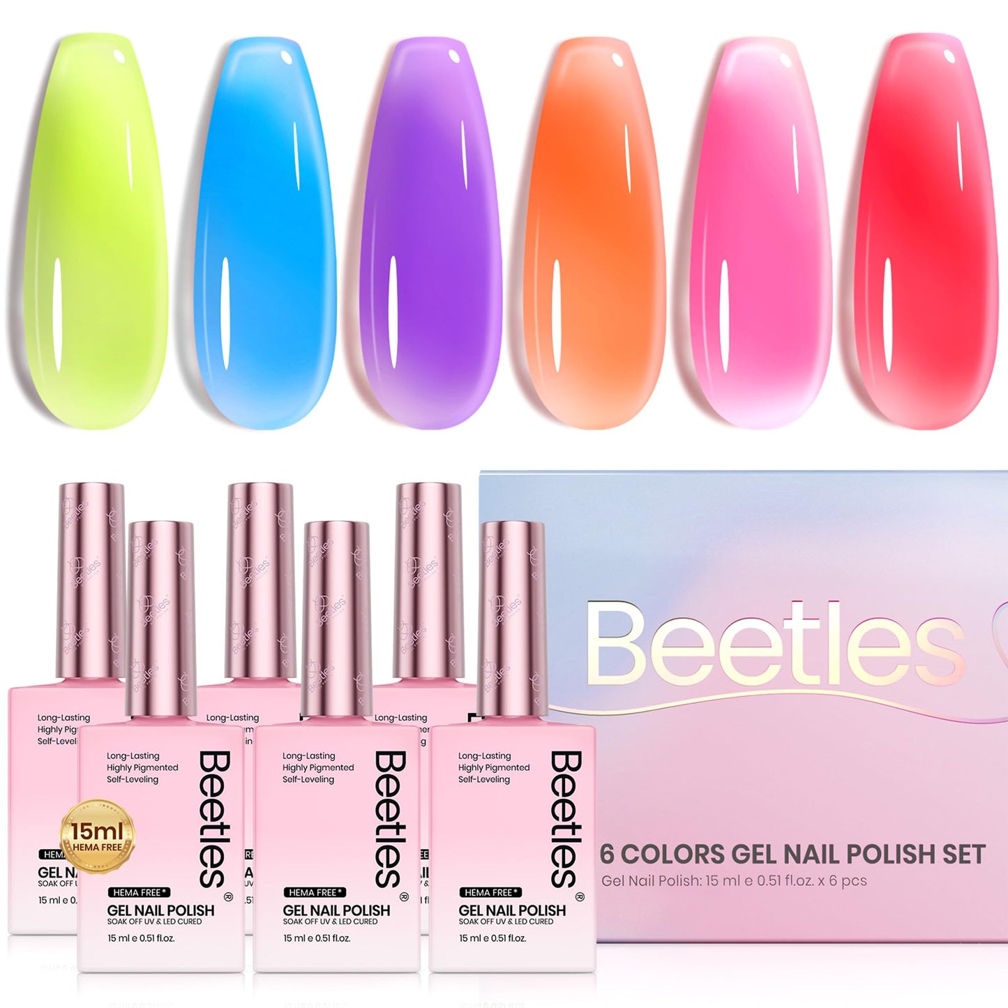 Beetles Jelly Gel Polish Set, 6 Colors 15ML Full Size HEMA-Free Neon Gel
