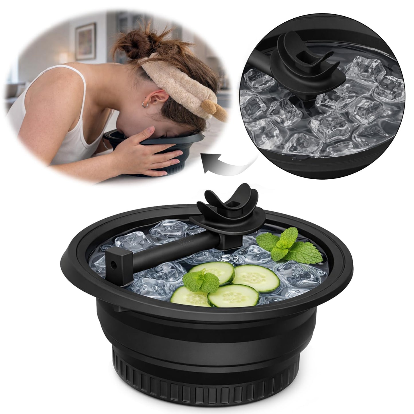Face Ice Bath Bowl with Breathing Tube - Silicone Ice Bowl for Face Cold Plunge Tub, Portable Face Tub for Ice Bath, Skin Tightening and Depuffing Skincare Tool (Black)