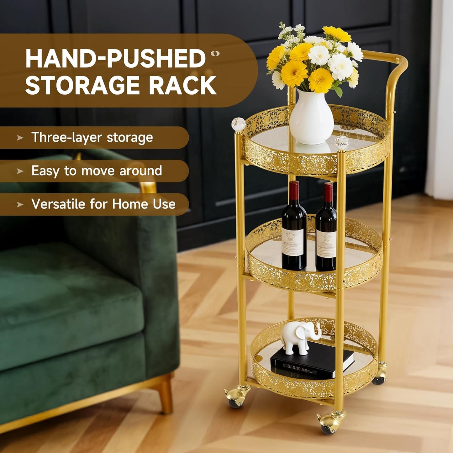 Multi-Functional Mobile Trolley Bar Cart - Rolling Design with Lockable Casters & 3 Mirror Holders | Gold Finish