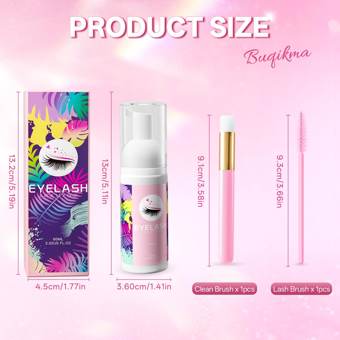 Buqikma Lash shampoo for Eyelash Extension, 60Ml/2.02 fl.Oz Eyelash Shampoo Kit with Lash Wash Brushes Gentle Lash Extension Cleanser for Professional Salon and Home Eyelash Care