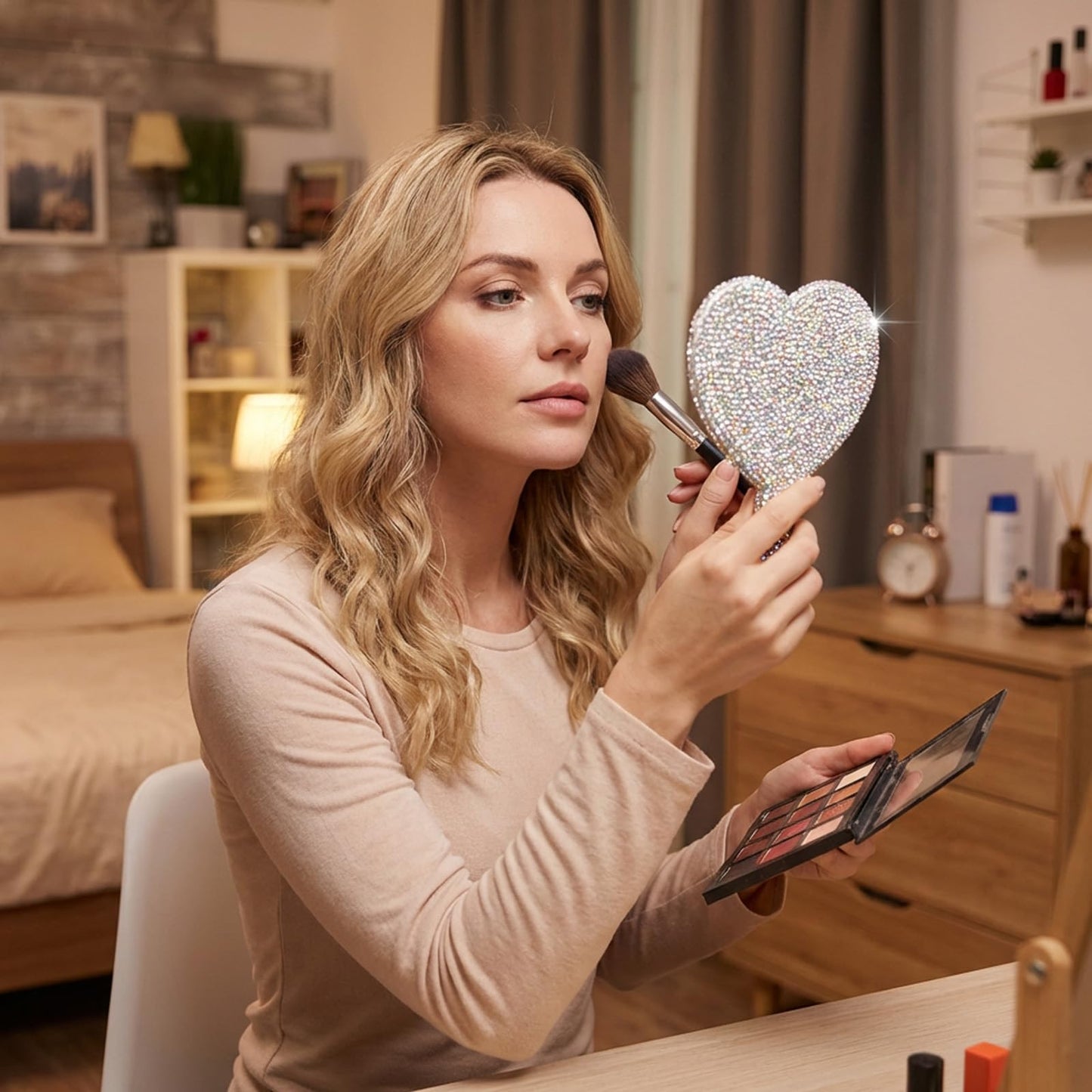 Ouligay Large Heart Handheld Mirror with Handle 6.3x4.3 Inch Glitter Rhinestone Hand Held Mirror Portable Travel Cosmetic Lash Mirror for Women Wedding Birthday Valentine's Day Gift