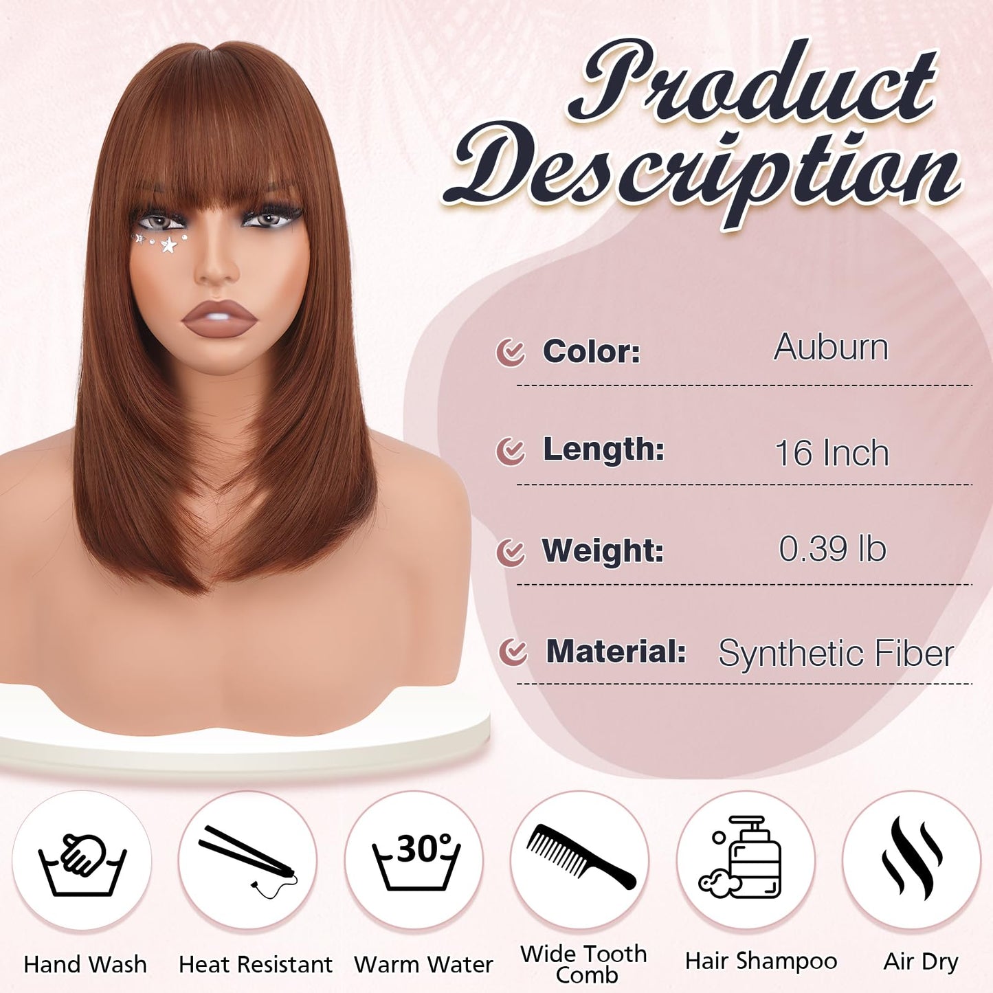 Haloo Auburn Bob Wigs with Bangs Shoulder Length Straight Natural Looking Synthetic Heat Resistant Medium Hair Wigs for Women Daily Party, 16 Inch