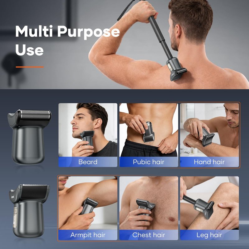 kensen Back Hair Trimmer – 2-in-1 Dual Blade (Foil + T-Blade) LED Power Display IPX6 Waterproof Type-C Fast Charging Extendable Handle for Men’s Body Grooming for Back Chest Shoulders Foot Hair