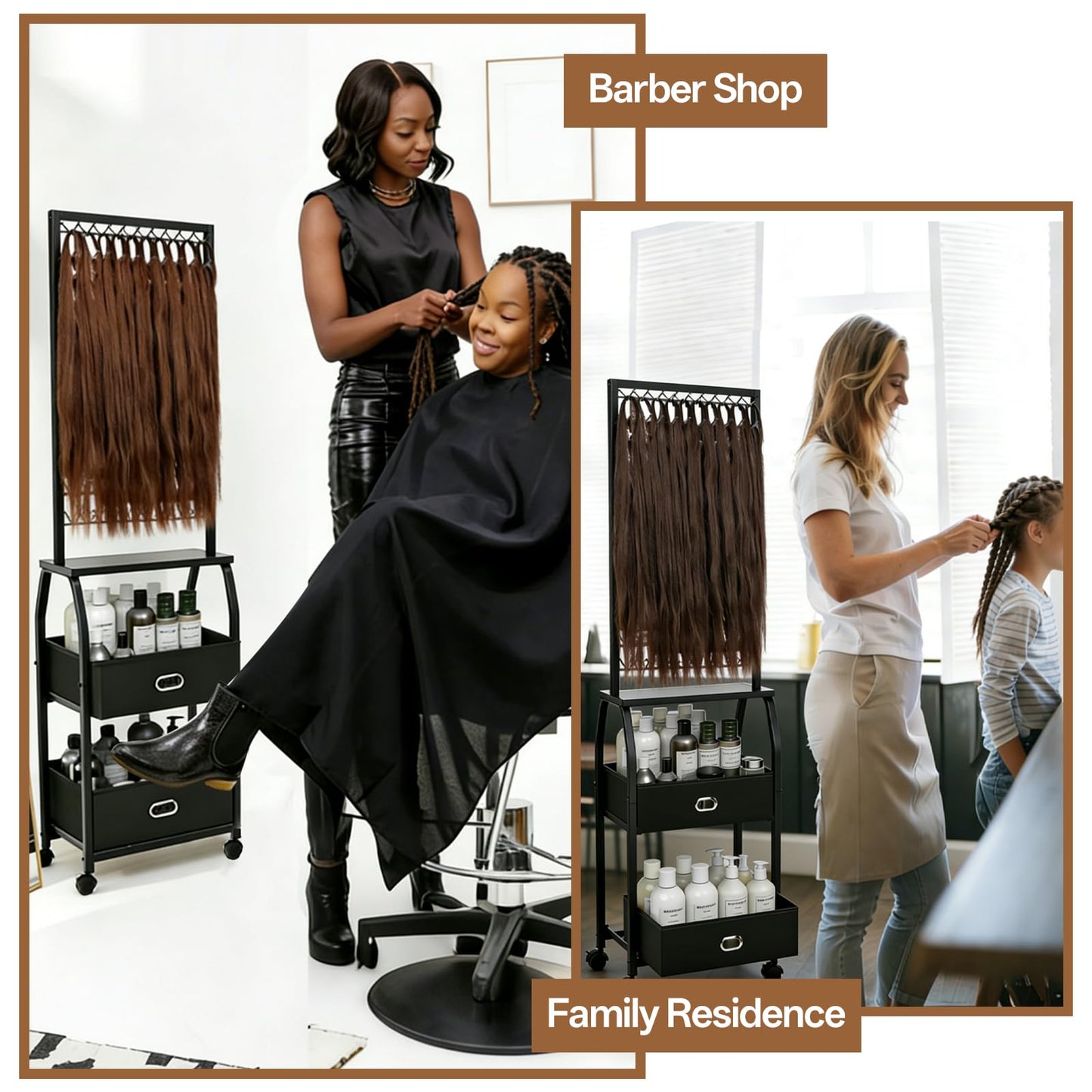 Portable Braiding Hair Rack with Wheels & Storage Drawers,2-Sided 288 Pegs,Hair Extension Holder Hanger for Braiding Hair Separator Stand Display,Hair Rack with Stylist Hair braiding Tools (Black)