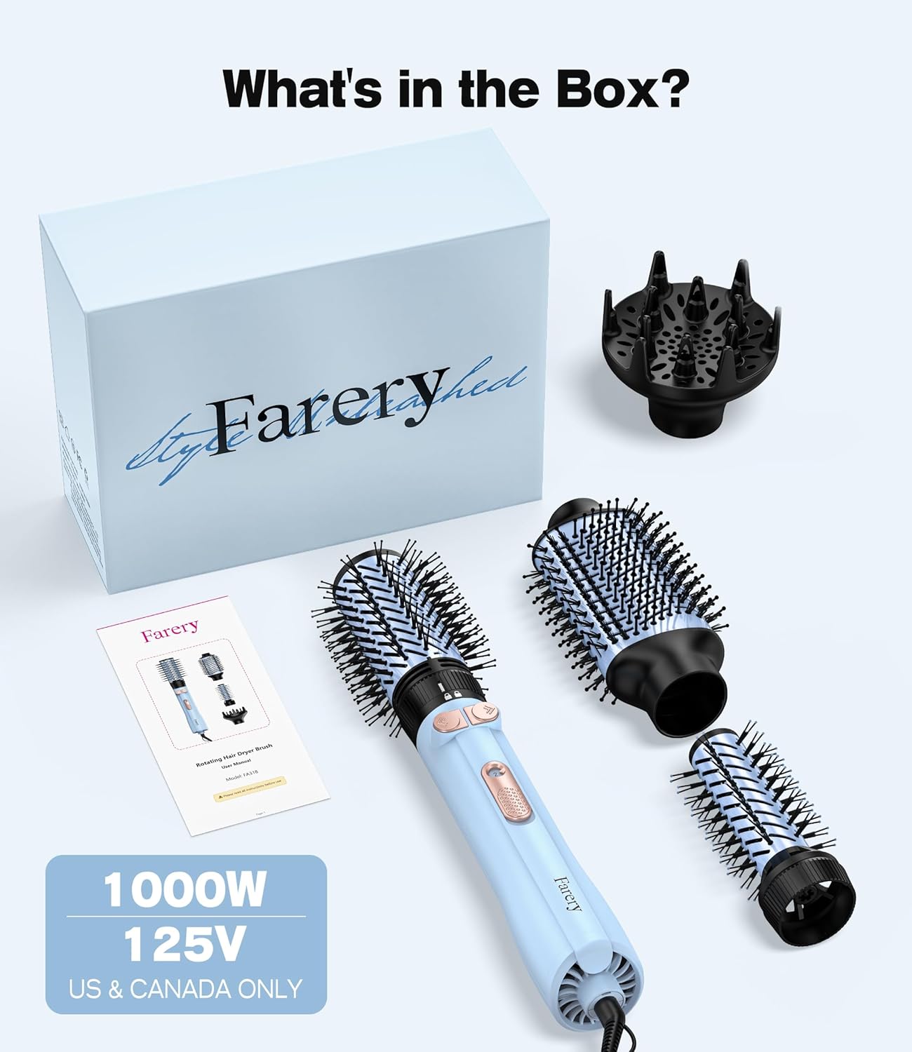 Farery Rotating Hot Air Brush Set - 1000W 4-in-1 Volumizer & Blow Dryer for Fine to Medium-Thick Hair | Smooth, Curl & Style