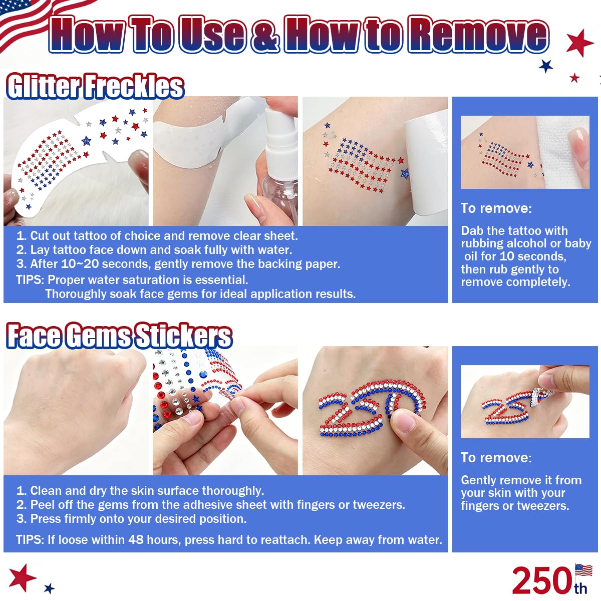 Mysense 250 Anniversary USA Merchandise, 6 Pcs 4th of July Tattoos & Face Gems Set, Red White Blue Glitter Freckles, Self-Adhesive Rhinestone Stickers, Perfect for 4th of July Outfits for Women