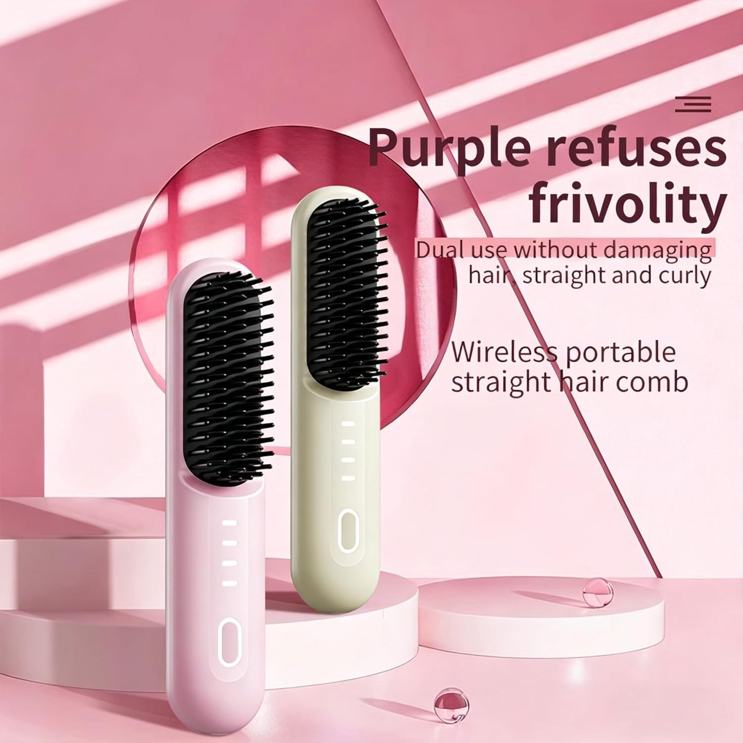 Cordless Straightening Brush for Short Hair - Ionic & Ceramic Care, Fast 30s Heat, 4 Temp Settings | USB-C Rechargeable, Pink
