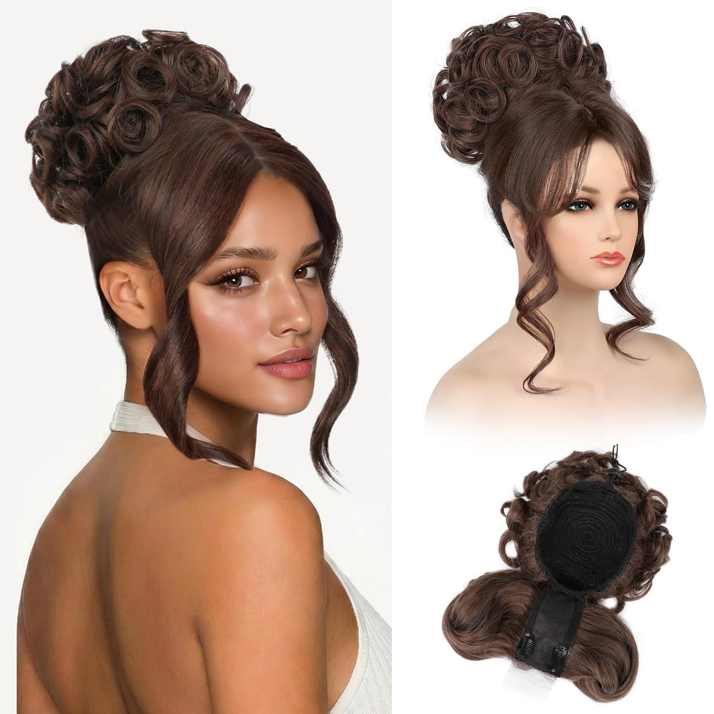 Messy Bun Hair Piece with Bangs - 2-in-1 Curly Updo Wig & Hair Topper | Natural-Looking Drawstring Ponytail Extension in Chocolate Brown