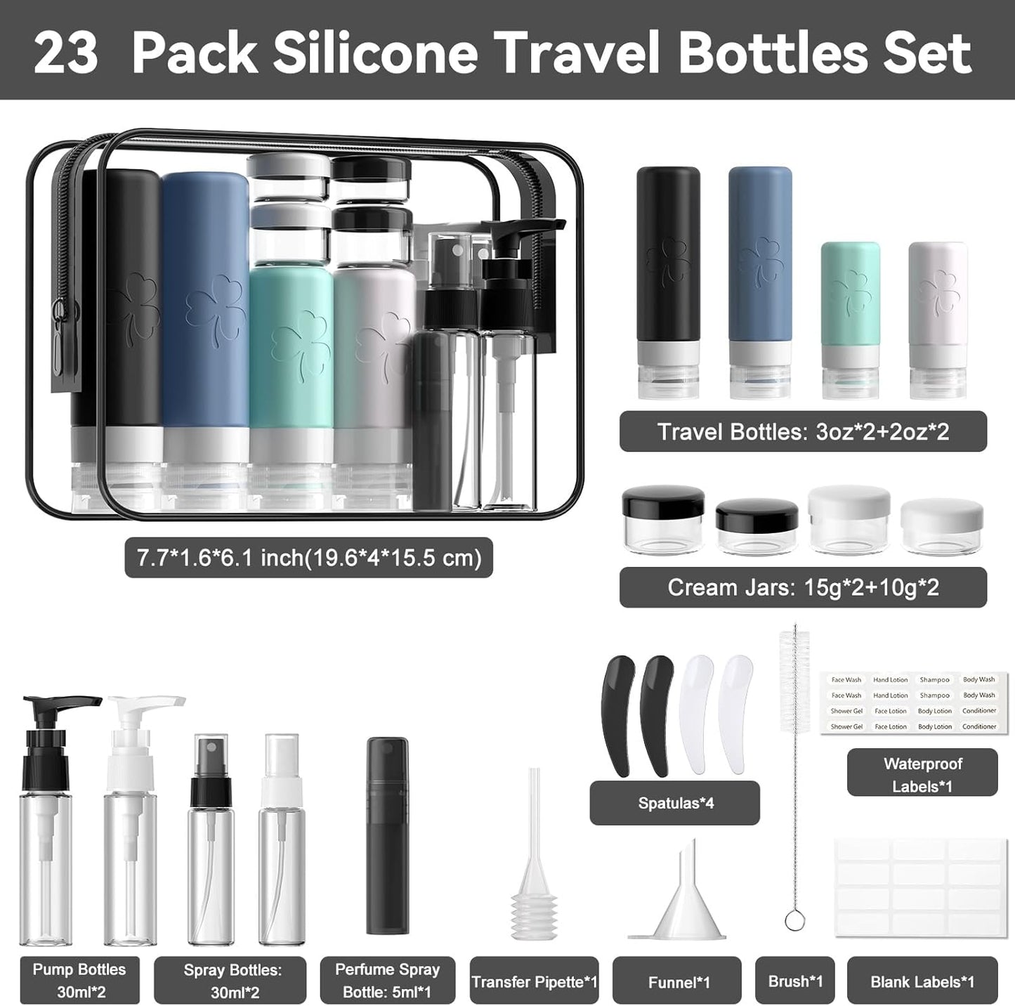 Travel Bottles Set - 23 Pack TSA Approved Silicone Toiletry Bottles | Leak Proof, BPA Free, Refillable Travel Essentials