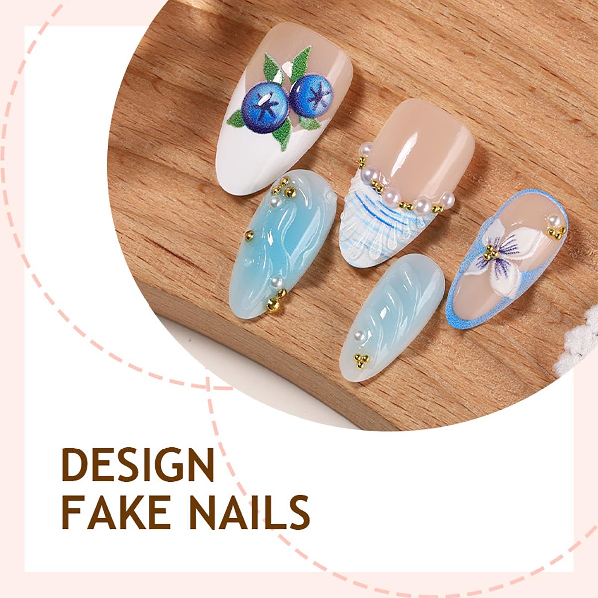 3D Blueberry Flower Press-On Nails - Medium Almond Shape with Pearl & Gold Beads | Reusable Glossy Blue French Tips for Summer Parties