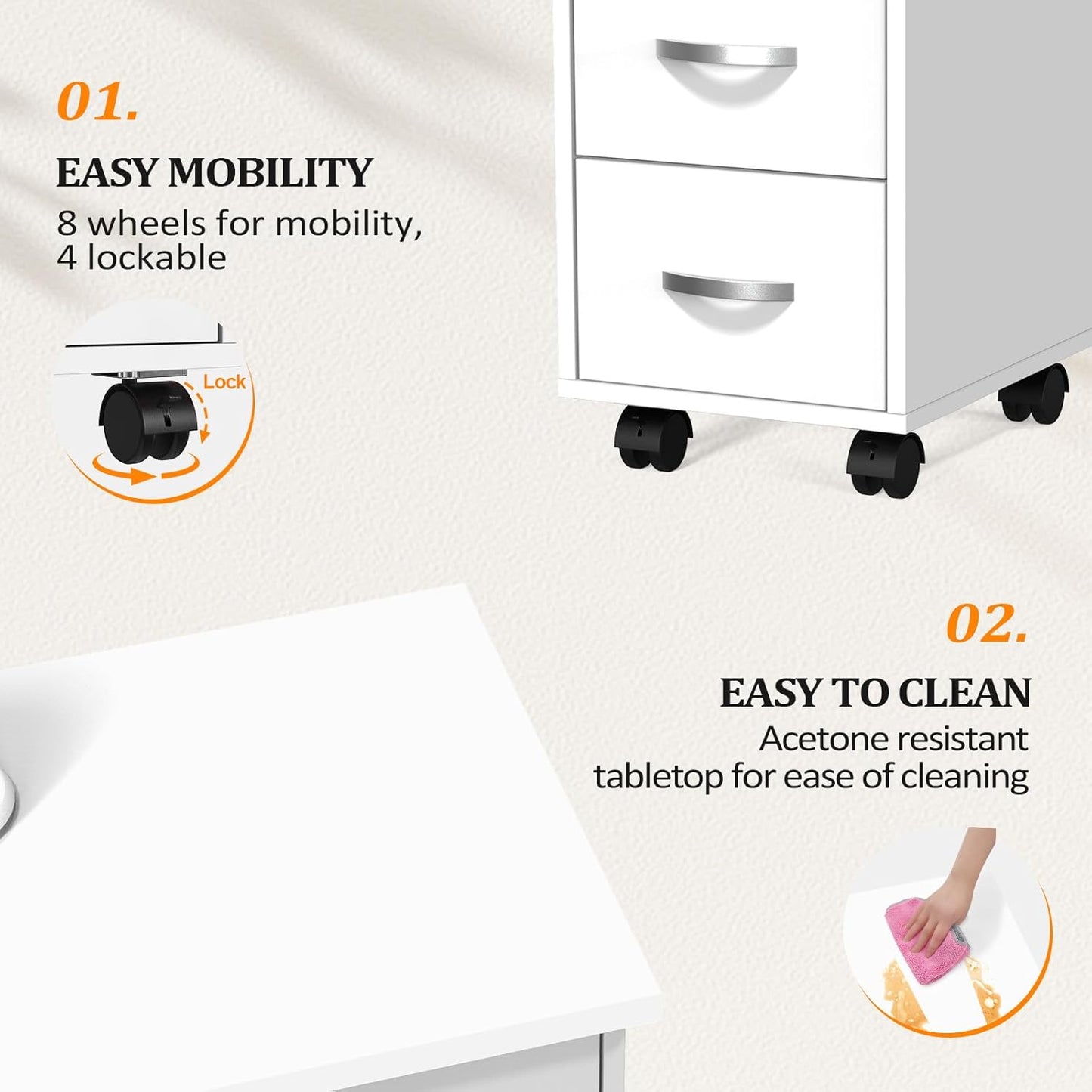 Manicure Table - Professional Nail Desk with Cabinet, Drawers & Wheels | White Spa Salon Workstation