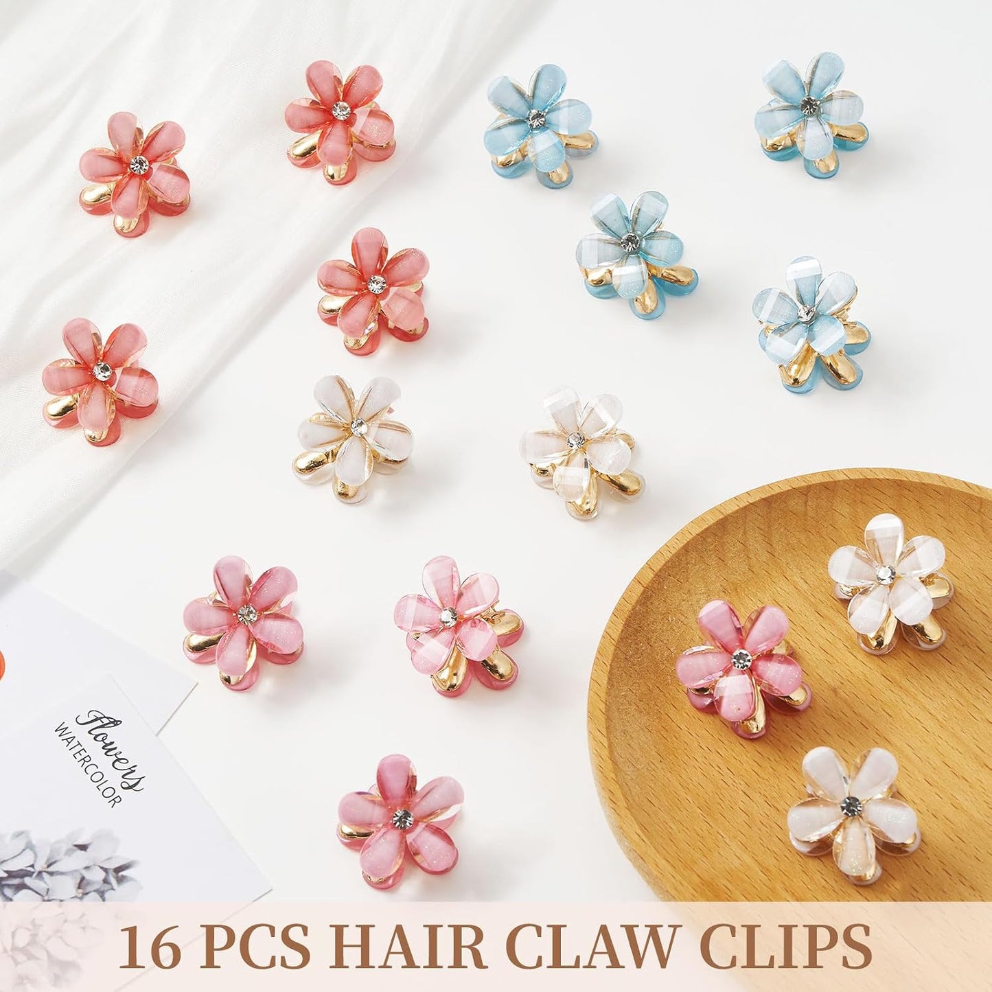 Colorful Mini Crystal Flower Hair Clips - 16PCS Non-Slip Claw Clips for Thin/Thick Curly Hair
