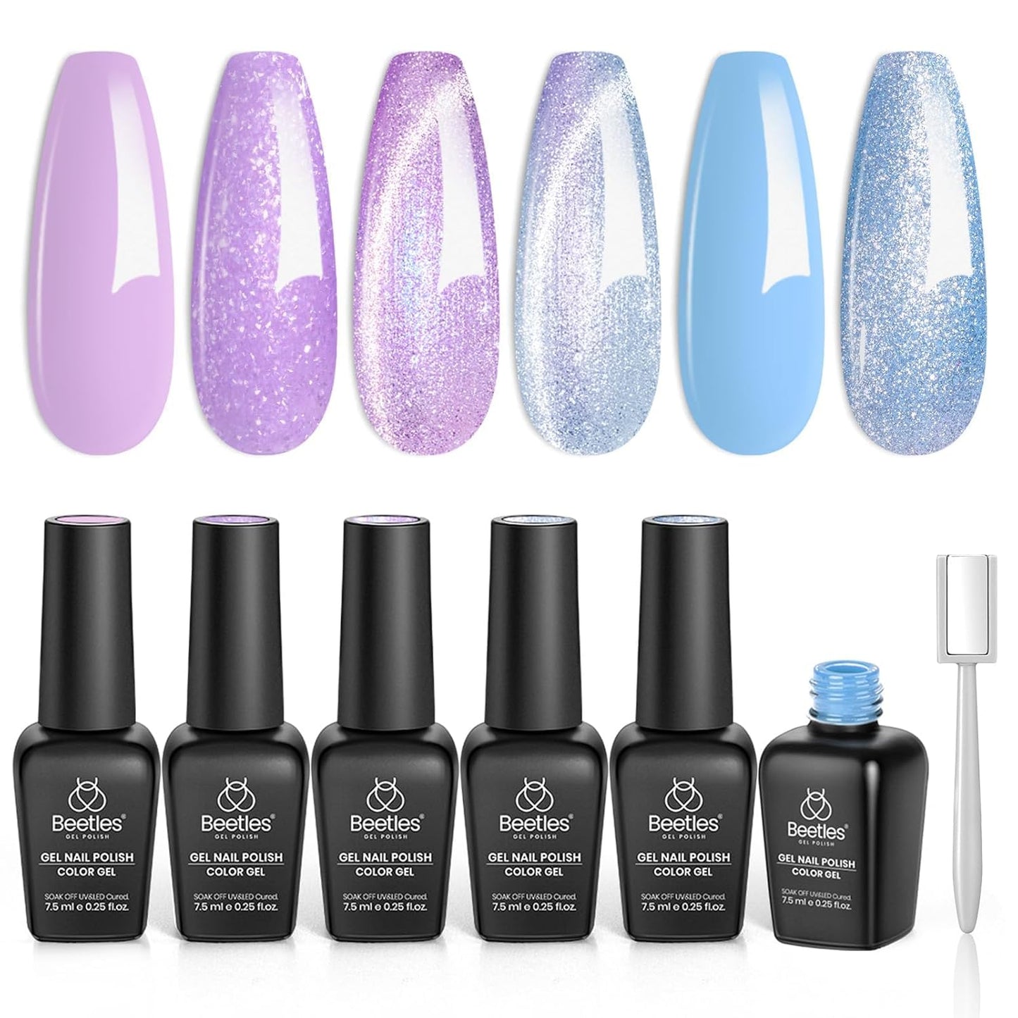 Beetles Cat Eye Gel Nail Polish Set - 6 Summer Glitter Colors | Mint Green, Icy Blue, Teal, Sapphire, Navy, 3D Shimmer Effect
