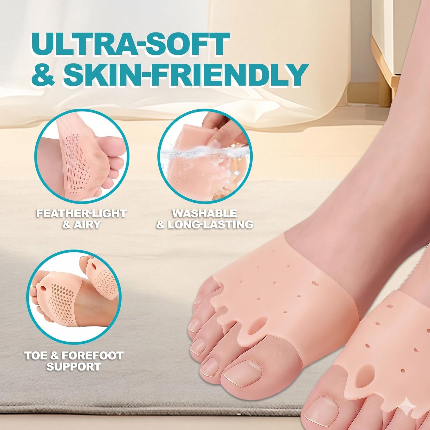 4 Sets Silicone Toe Separators for Women & Men — Ultra Soft Bunion Corrector, Invisible All-Day Comfort Toe Spacers for Yoga, Running & Under Shoes