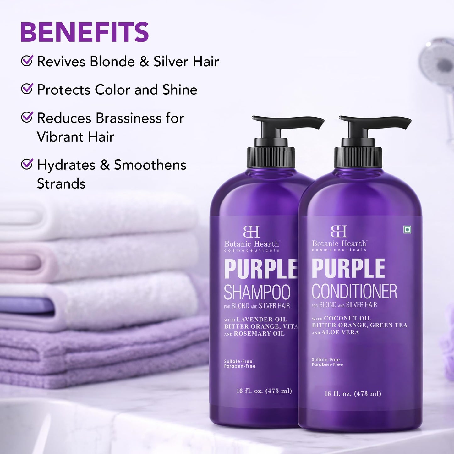 Botanic Hearth Purple Shampoo And Conditioner Set | For All Shades Of Blonde, Silver And Gray Hair | Enhances Highlights | Sulfate Free, Paraben Free, 16 Fl Oz Each