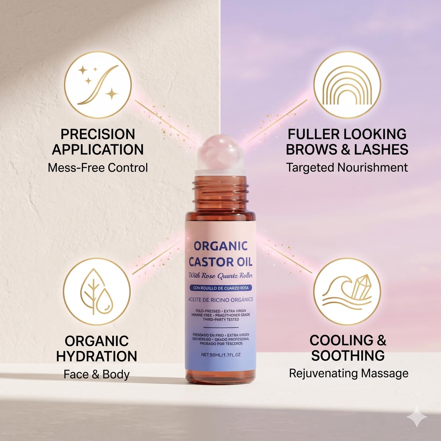 GOWEGO Organic Castor Oil Roll On with Rose Quartz Roller, Castor Oil Rose Quartz Roller Ball for Face and Body, Hair, Eyebrows, Moisturize Skin (1.7 FL.OZ)