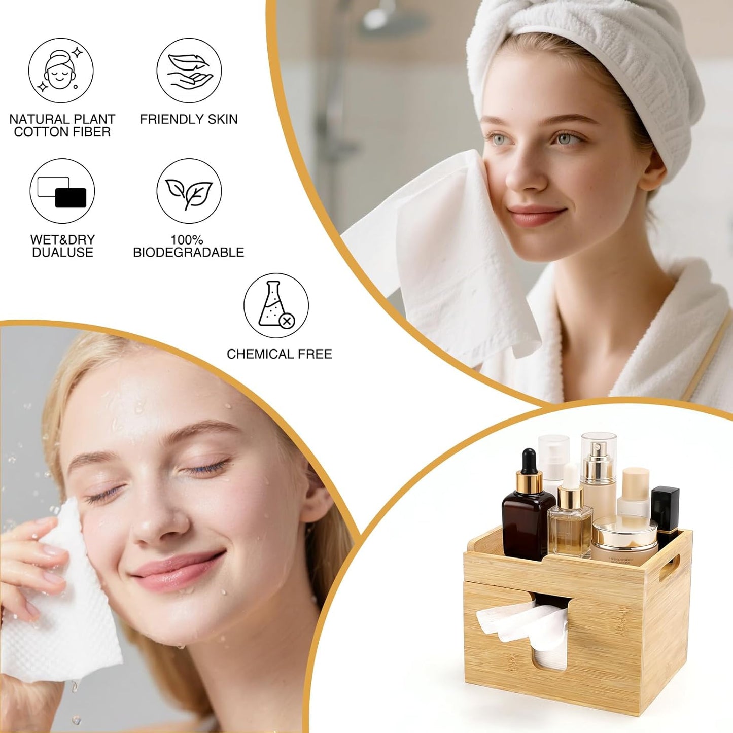 Bamboo Face Towel Holder - 120 XL Towels Included | Open-Top Skincare Organizer for Beauty Essentials