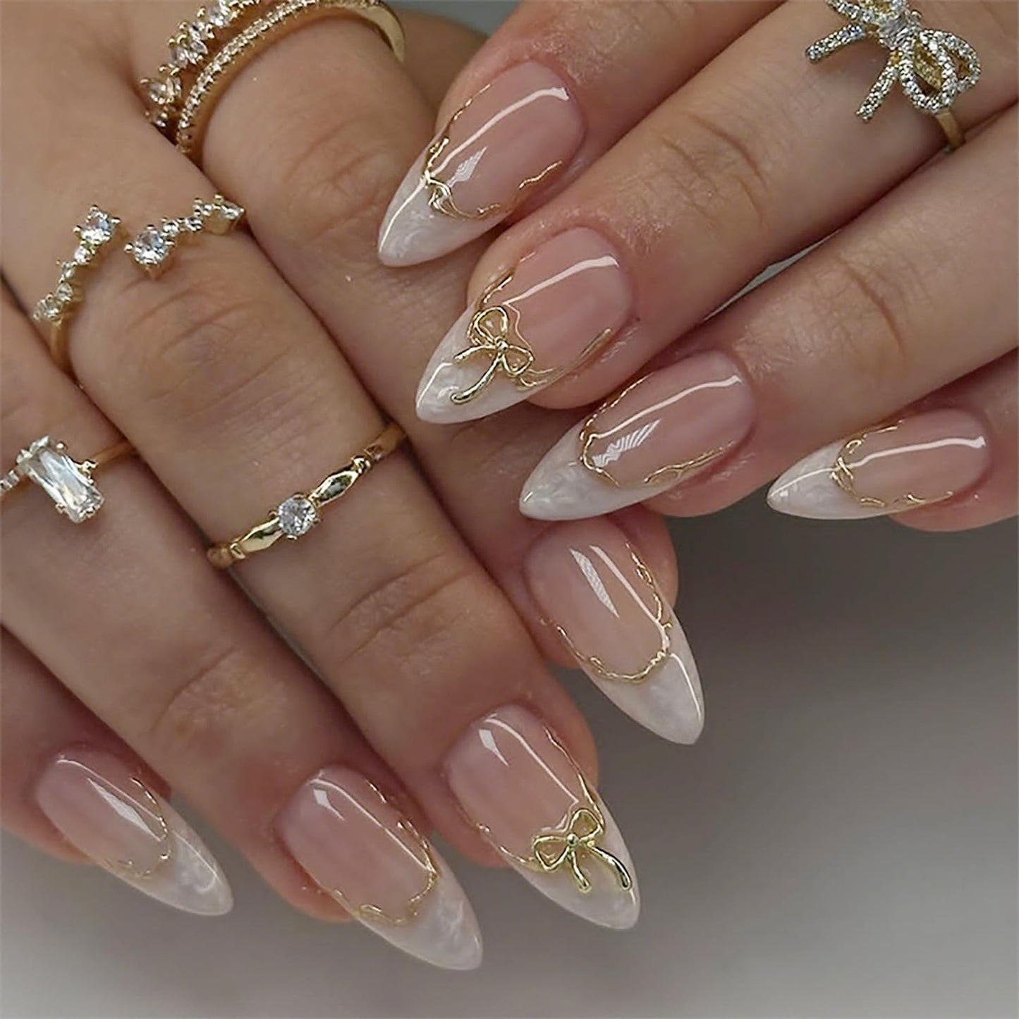 Press-On Nails - 24Pcs Pink Floral Almond Fake Nails with 3D Butterfly Designs | Medium Length, Full Cover