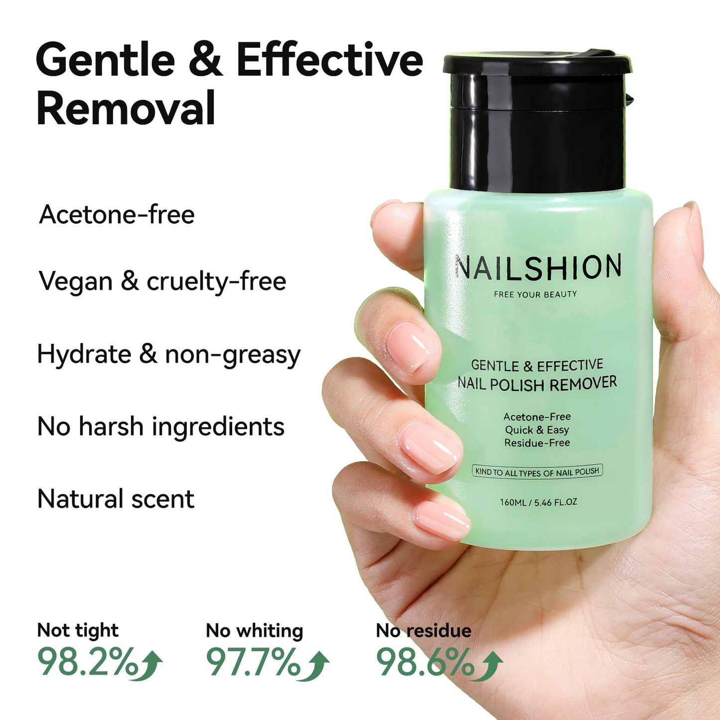 Nailshion Aloe Vera Nail Polish Remover Non-Acetone, VE Non-Drying, 5-10s Remove All Air Dry Nail Polishes, Built-in Easy Push-down Pump, Clear Nail Polish DIY at Home Nail Art Essentials
