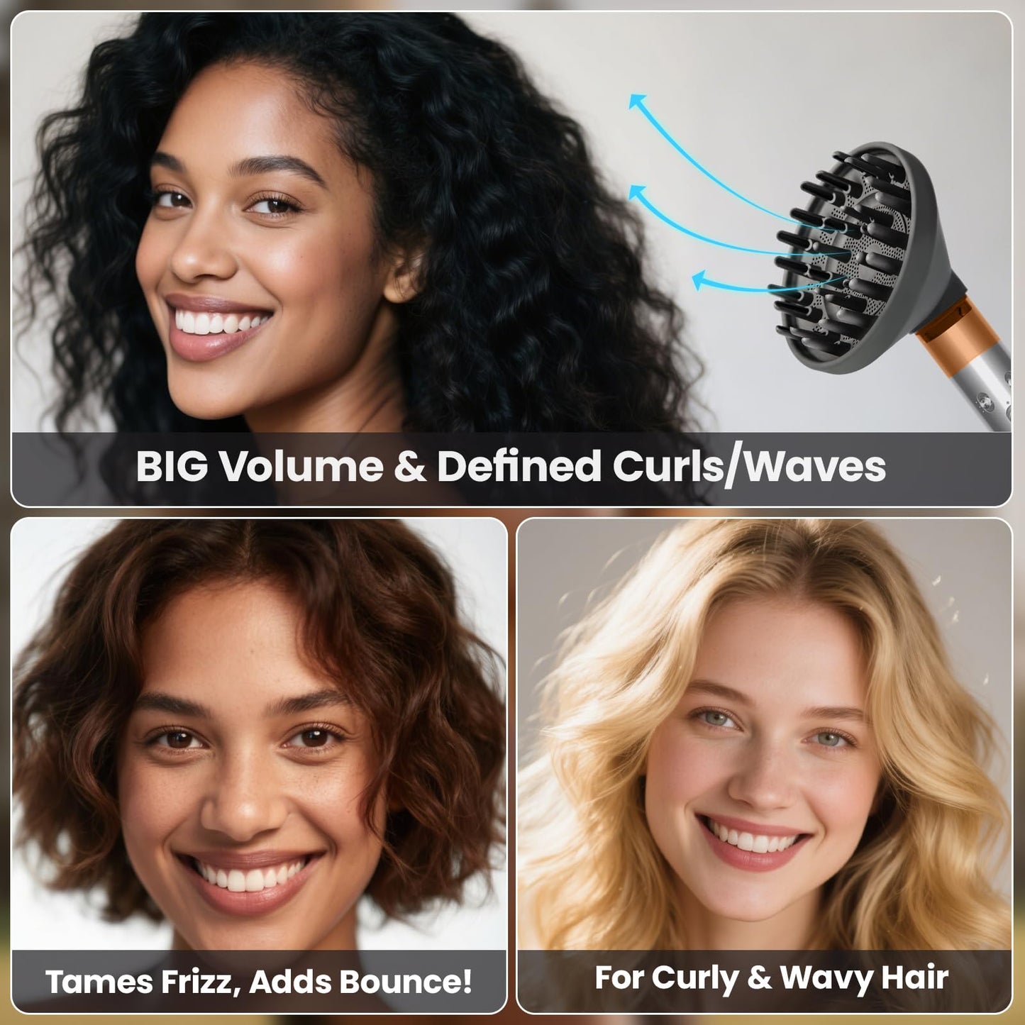 Dotspun Upgraded Large Diffuser Attachment for Dyson Airwrap Styler HS01/HS05/HS08 - Converts to Hair Dryer, Fast Drying Wave & Curly & Thick, Heat Resistant Nylon Fiber Nozzle Attachments (Grey)