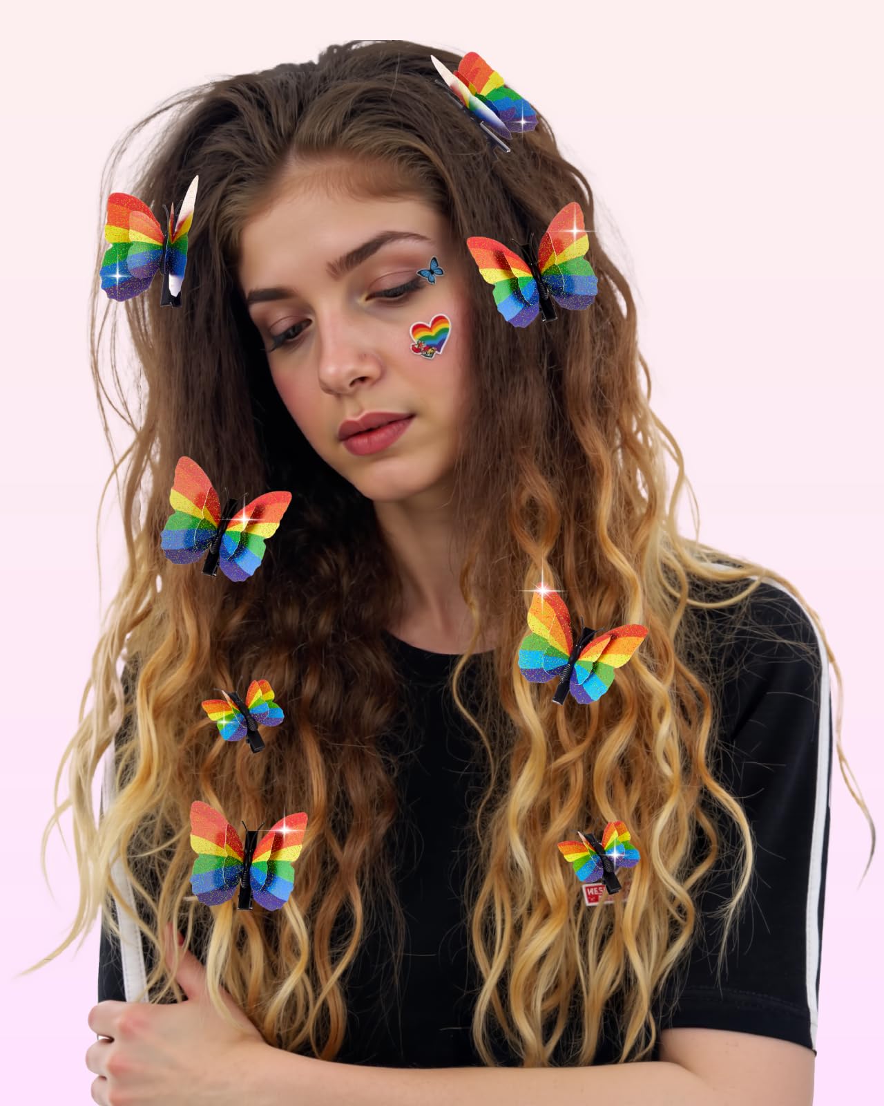 16PCS Pride Rainbow Glitter Butterfly Hair Clips – 8 Large & 8 Small with Foldable Wings for Pride Parade, Rainbow Hair Accessories for LGBTQ Day Celebration Outfit