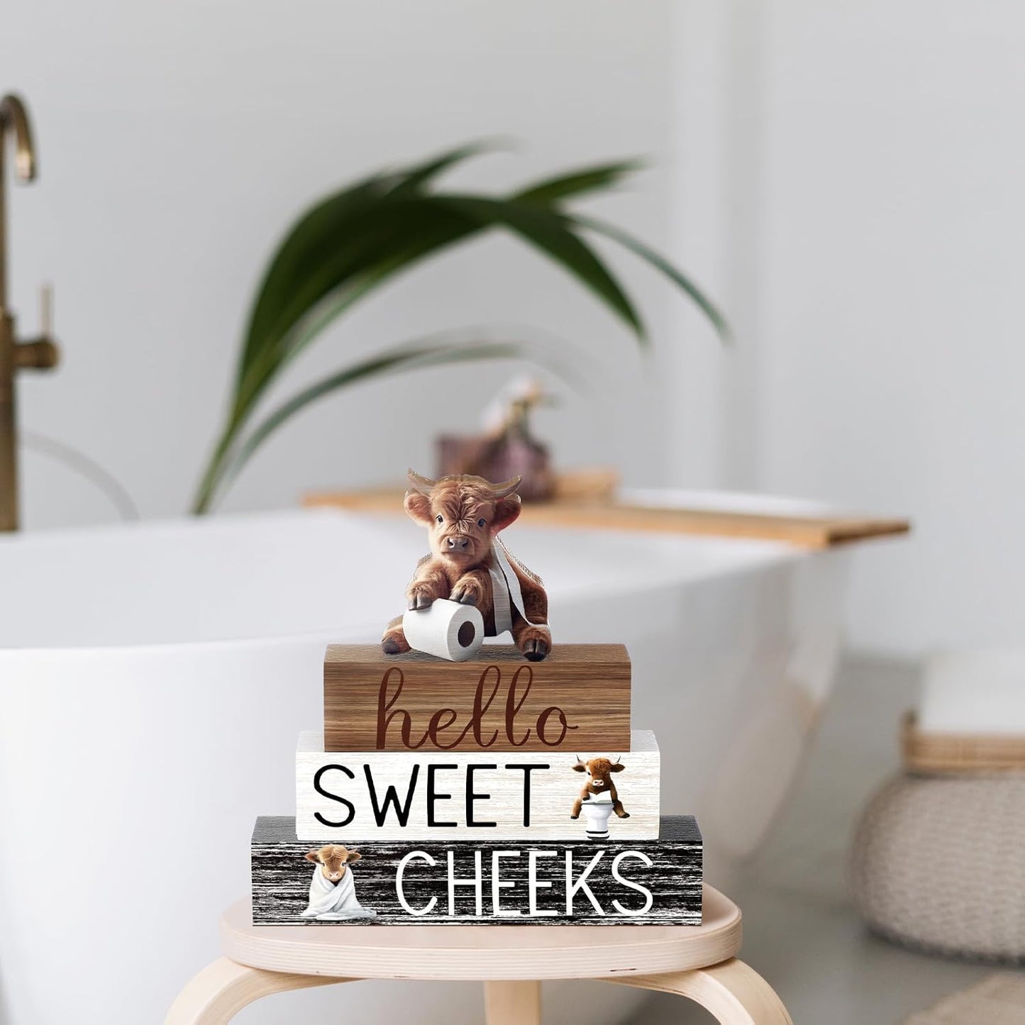 Highland Cow Bathroom Decor | 4 Pcs Farmhouse Style Table Centerpiece for Christmas & Valentine's Day