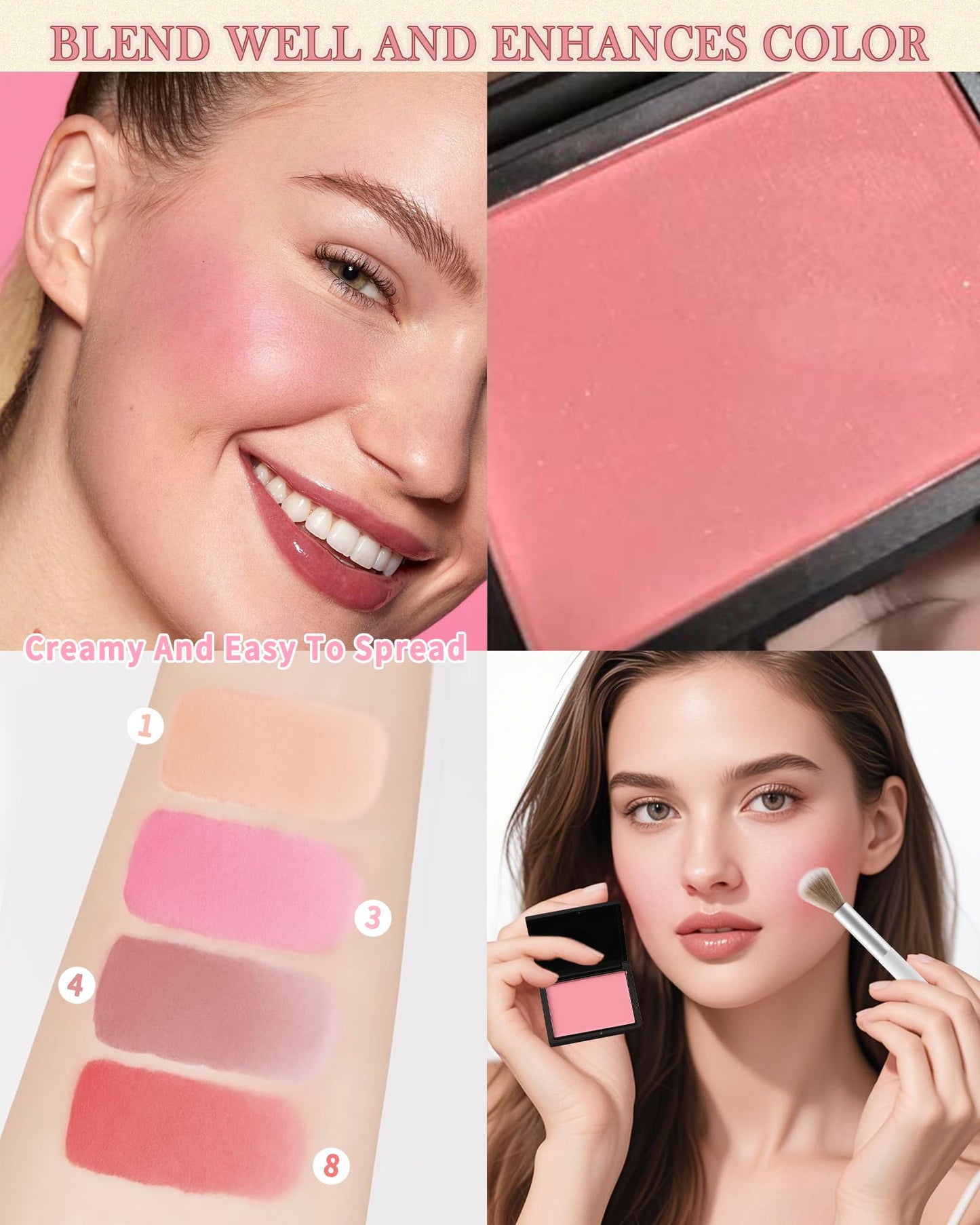 Matte Blush Powder for Cheeks,Contour Blusher Palette with Brush,High Pigment Lightweight Buildable Color, Waterproof Long-lasting Facial Makeup,Christmas Gifts for Women Girl-01# Peach Pink