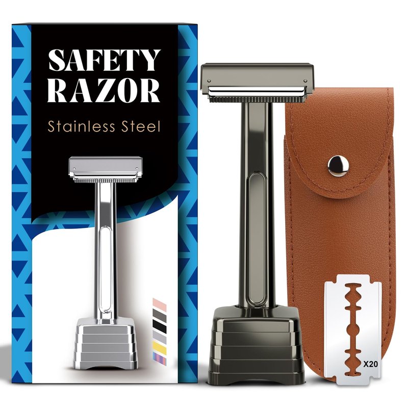 THURLADY Dual-Blade Safety Razor with Pivoting Head, Reusable Metal Razors for Men, with 20 Double Edge Blades and Stand, Smooth Close Clean Shave, Black