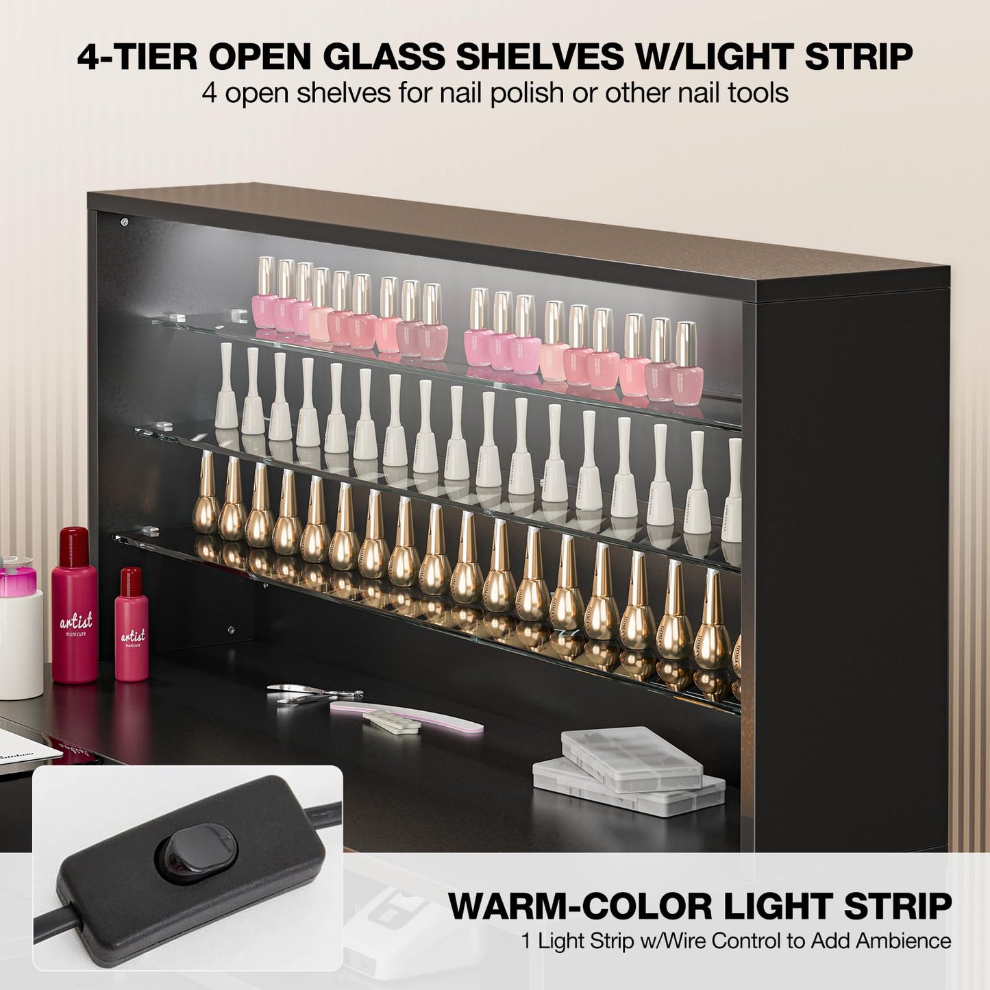 Paddie Manicure Table with LED Light, L-Shaped Glass Top Nail Tech Table w/2 Storage Shelves, Upwards Cabinet Door, Corner Nail Station w/3 Drawers & Wrist Cushion(Black)
