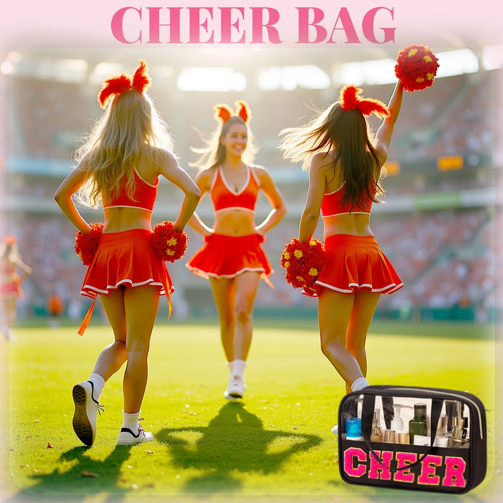 JOJOPOLLO Chenille Pink Letter Cheer Bag Cheerleader Gifts for Team Women Girls Cheer Stuff Accessories Makeup Bag with Handle and Zipper, Cheer Gifts