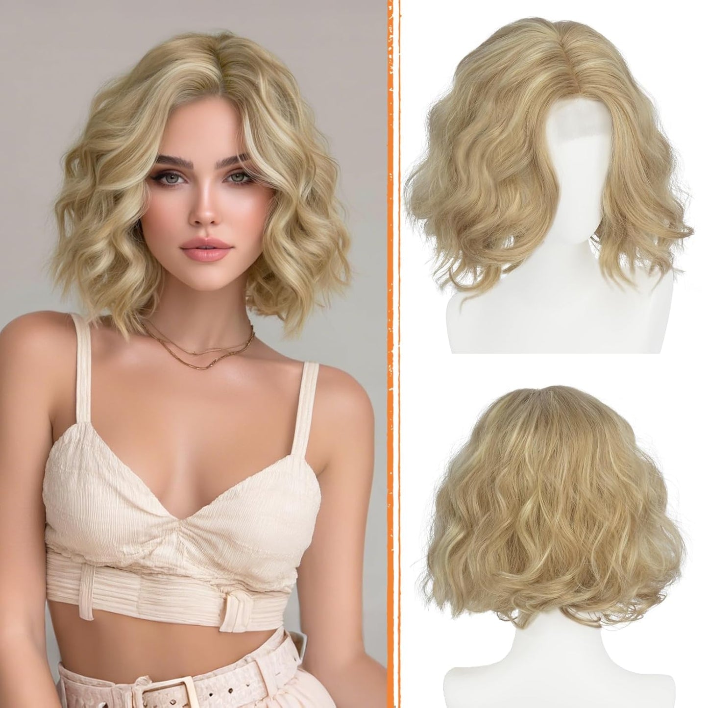 Brown Bob Wig for Women - Lace Front Short Soft Wavy Curly Synthetic Hair | 11 Inch Golden Brown