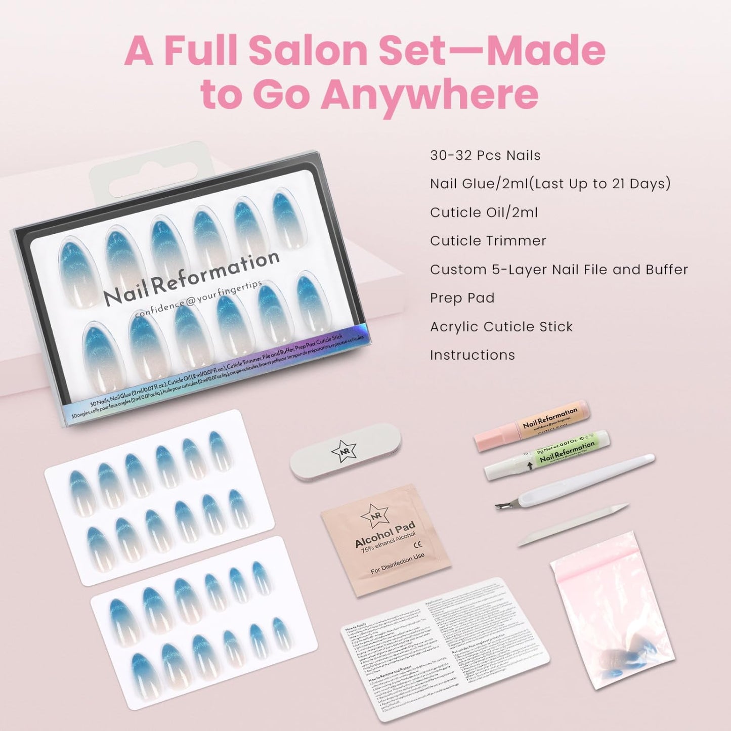 Ombre Blue Velvet Shimmer Press-On Nails | Medium Almond Glitter French Tips - 30 Nail Kit with Glue, Reusable in 15 Sizes
