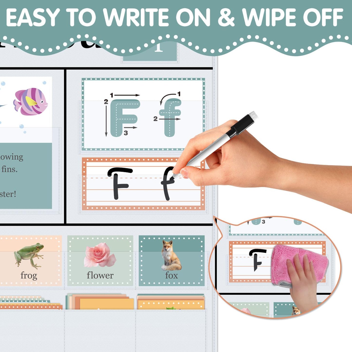 BOHEMIABY All About Letters Pocket Chart with 99 ABC Flash Cards, Letter of The Day/Week Daypocket Chart, Letter Tracing Learning Educational Wall Chart Preschool Classroom Homes, 34" X 27"White