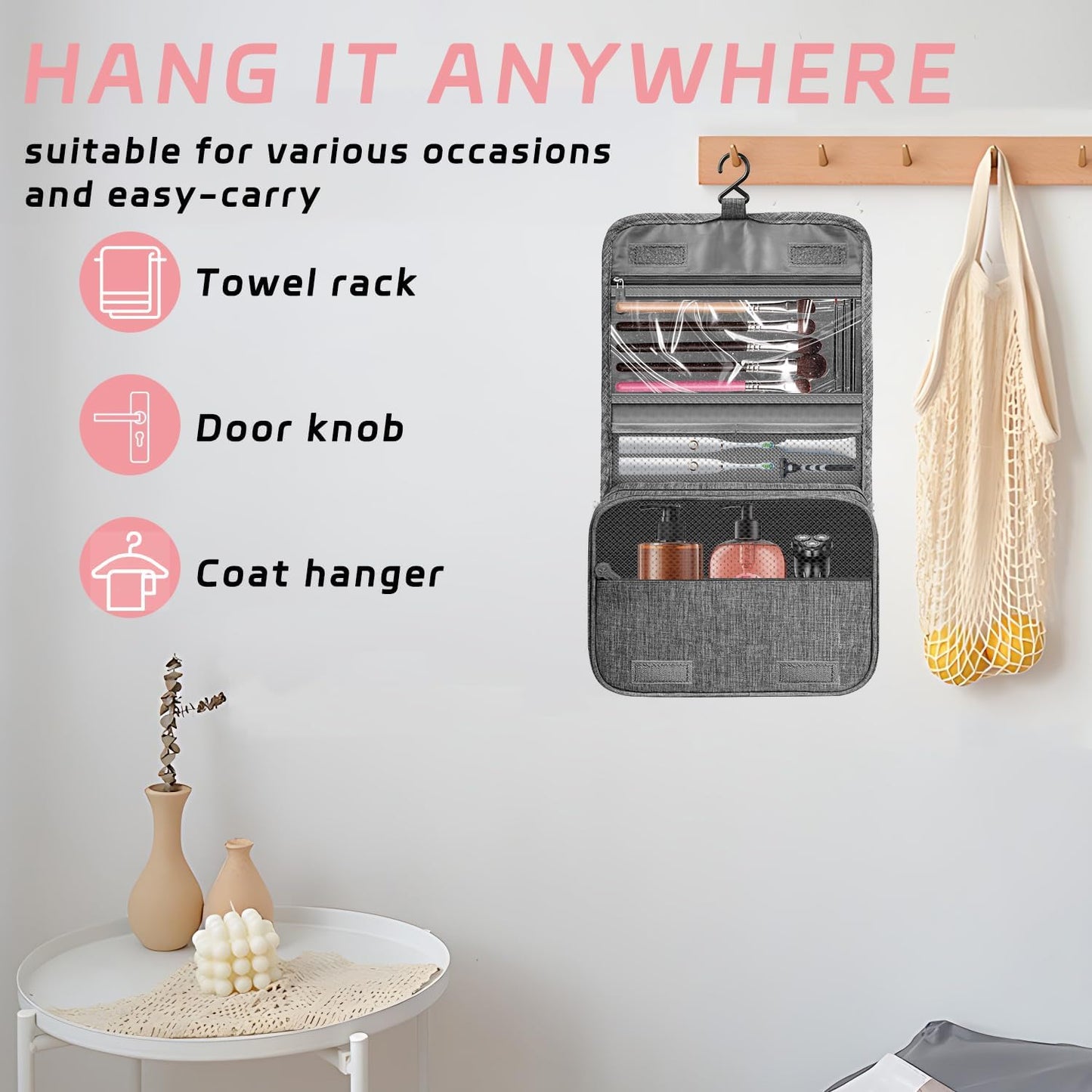 Toiletry Bag - Waterproof Hanging Travel Organizer for Men & Women | Small Cosmetic Makeup Bag (Grey)