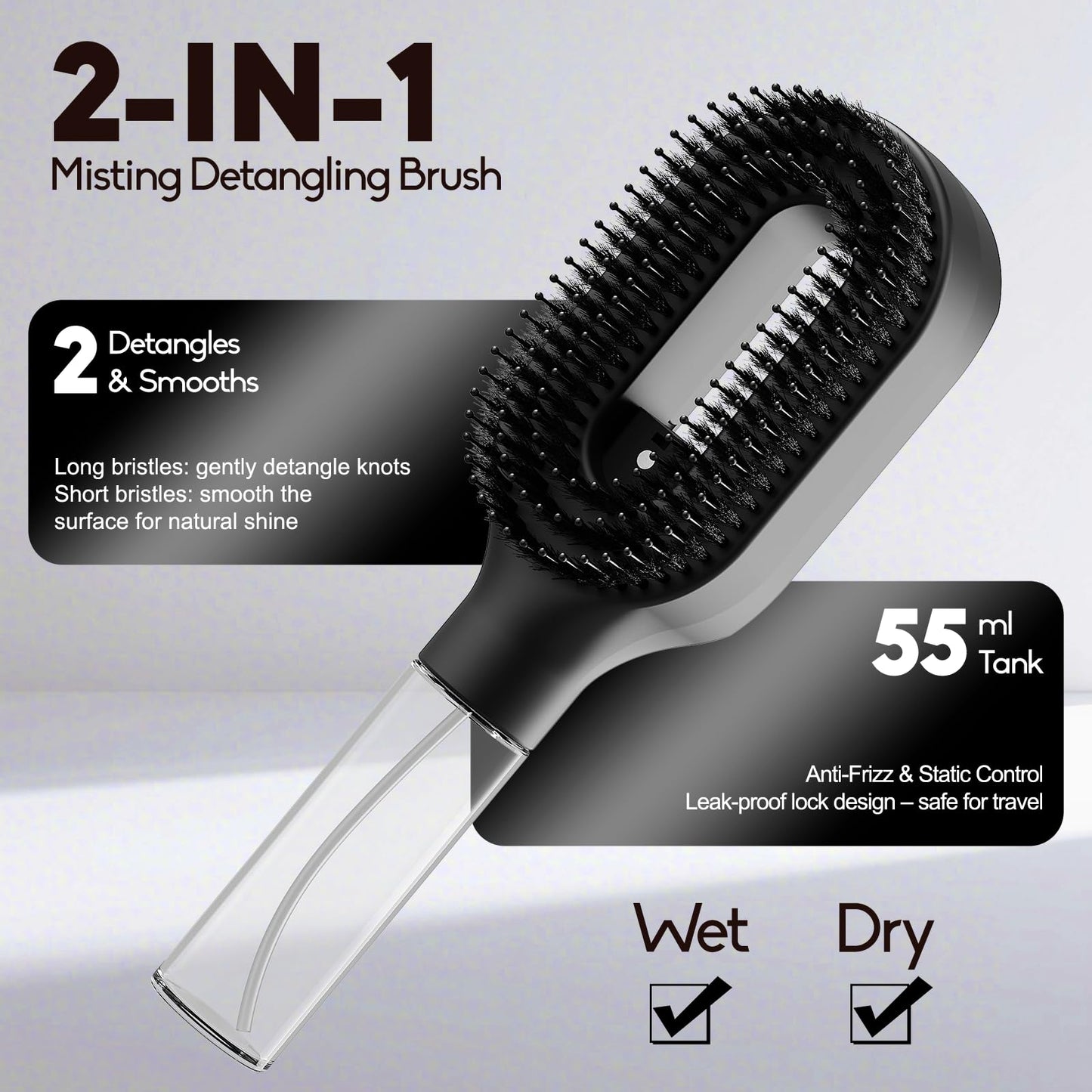 Misting Detangling Brush with Fine Continuous Spray, Anti-Static Mist Comb for Wet & Dry Hair, Frizz & Flyaway Control for Straight, Curly & Thick Hair, Black