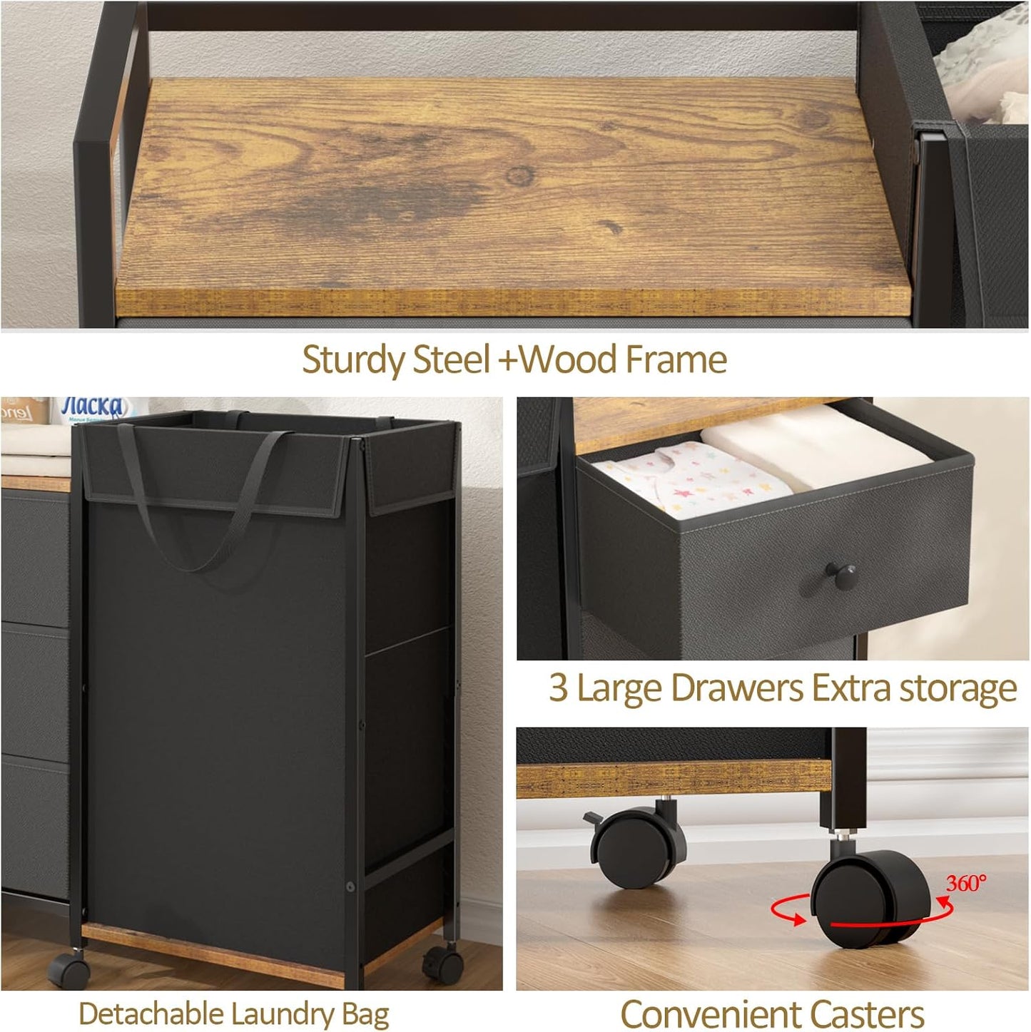 Laundry Hamper with Wheels - 123L Capacity Laundry Sorter with Shelf & 3 Drawers | Detachable Fabric Bags for Bedroom & Bathroom