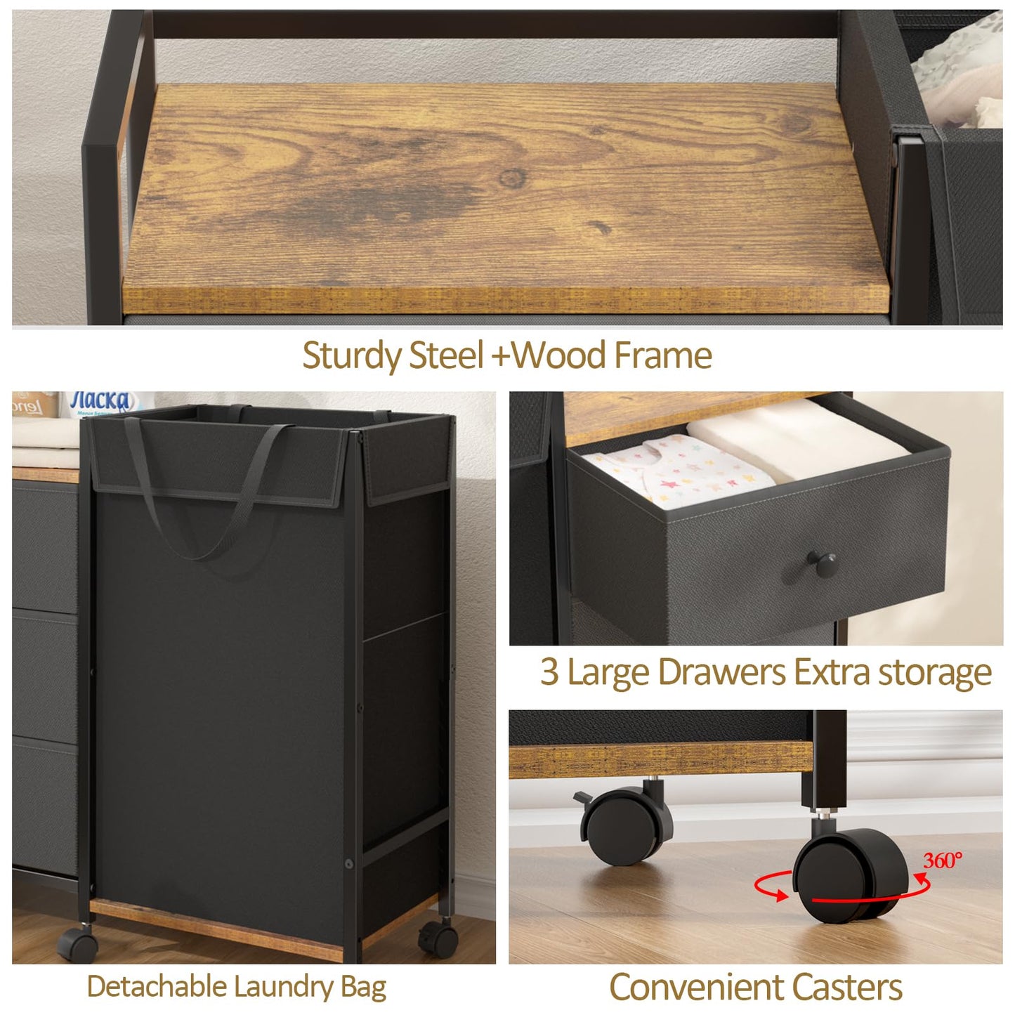 Laundry Hamper with Wheels, Laundry Sorter with Shelf and 3 Drawers, Total Capacity 123L/32.5 Gal (3 Drawers+Bags), Laundry Cabinet with Fabric Detachable Bags, Clothes Hampers for Bedroom Bathroom