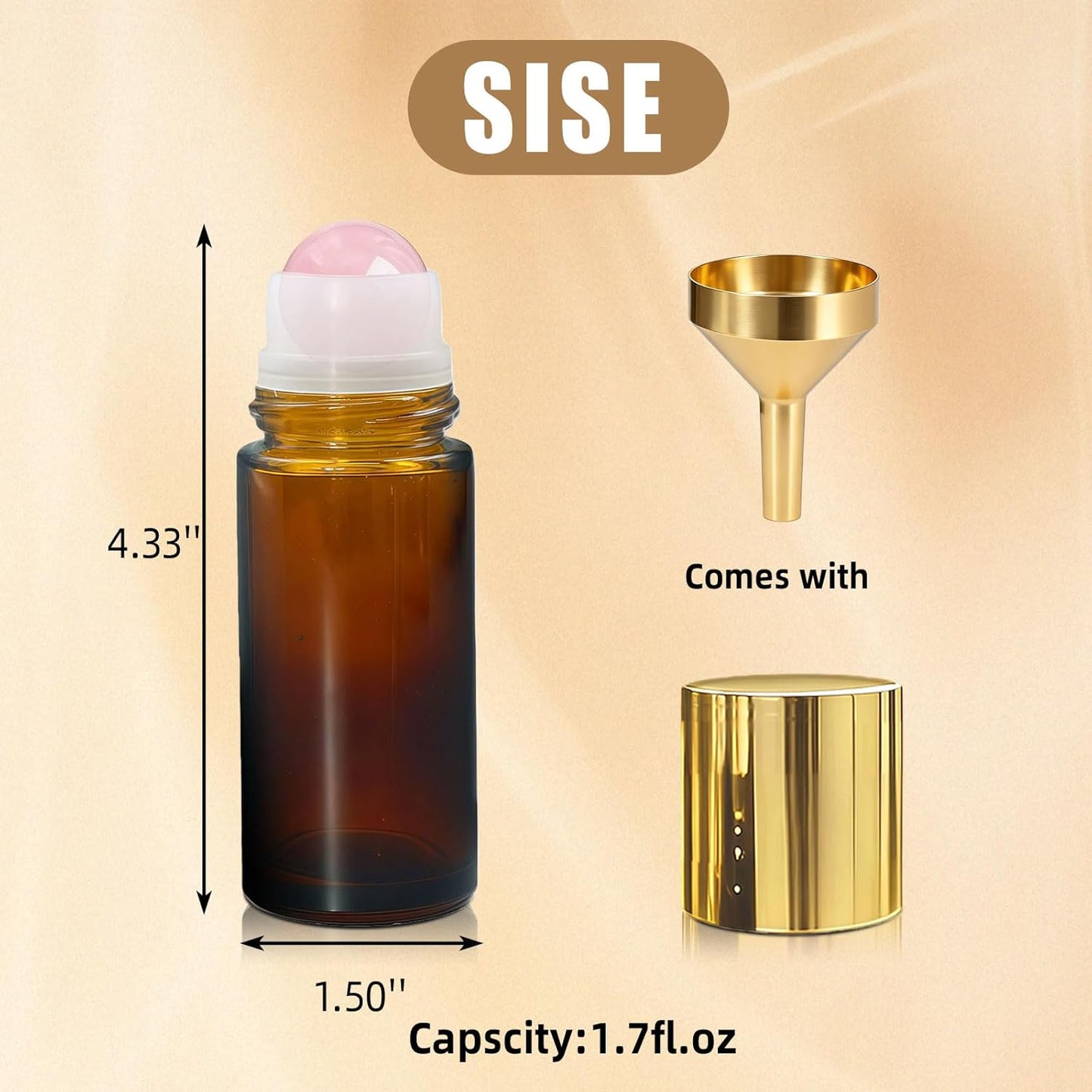 Rose Quartz Roller Bottles - 50ml Refillable Amber Glass Roll-On for Essential Oils | Leak-Proof Travel Perfume Bottle with Gold Caps