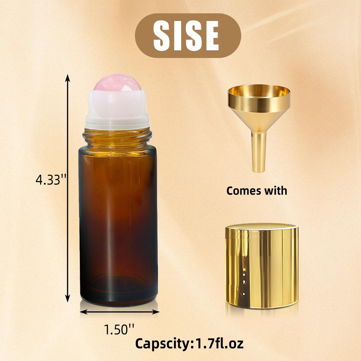 Warmify Rose Quartz Roller Bottles for Essential Oils, 50ml Refillable Amber Glass Roll On Bottles with Natural Crystal Roller Balls, Leak-Proof Travel Perfume Bottle with Gold Caps